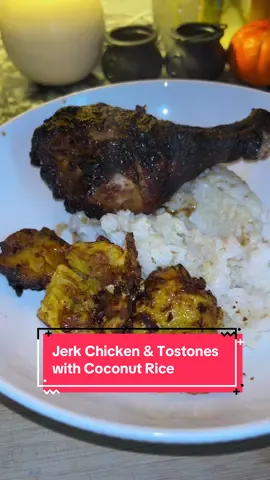Jerk chicken (Jamaican) and Tostones (Cuban) with a side of coconut rice. #budgettok #budgetmeals #DinnerIdeas #easydinnerrecipes 