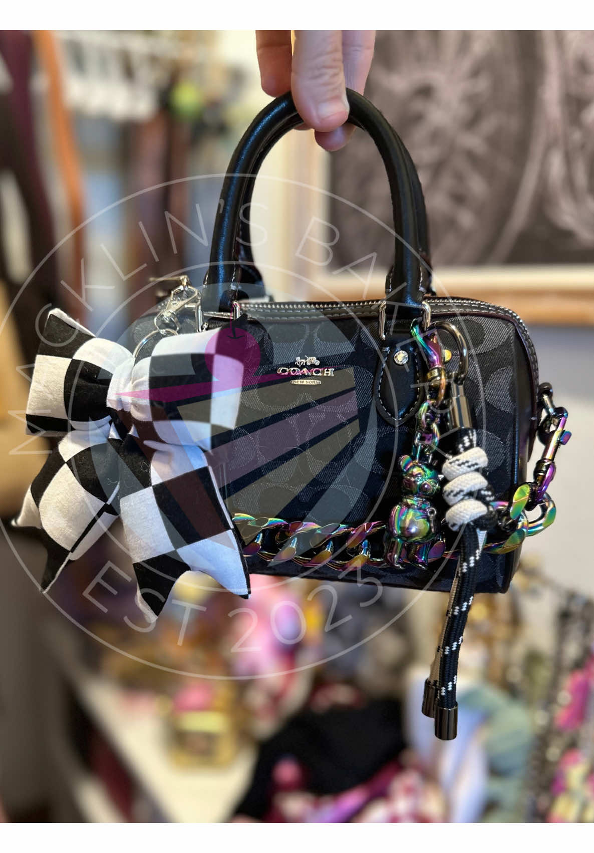 Coach Mini Rowan in Signature Black Denim. 🖤🤍🌈 #coach #coachny #purse #bagcharm #fyp