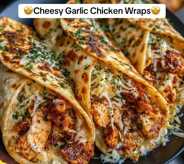 Cheesy Garlic Chicken Wraps Ingredients: 2 cups cooked shredded or chopped chicken (rotisserie works great) 1 tbsp olive oil 1 tsp garlic powder ½ tsp onion powder Salt and black pepper to taste 1½ cups shredded mozzarella cheese ½ cup shredded cheddar cheese ¼ cup cream cheese, softened 2 tbsp mayonnaise or sour cream 2 tbsp chopped fresh parsley (or 1 tsp dried) 4 large flour tortillas 2 tbsp melted butter 1 tsp minced garlic (for brushing) Optional: baby spinach, lettuce, or sliced tomatoes for extra filling Directions: In a large bowl, mix the cooked chicken, garlic powder, onion powder, salt, pepper, mozzarella, cheddar, cream cheese, mayo (or sour cream), and parsley until well combined. Lay out each tortilla and spoon the cheesy chicken mixture evenly across the center. Add optional veggies if desired. Roll up each tortilla tightly, tucking in the sides to form a wrap. In a small bowl, mix melted butter with minced garlic. Brush this mixture over each wrap. Heat a skillet or griddle over medium heat. Place the wraps seam-side down and cook for 2–3 minutes per side or until golden brown and crisp. Serve warm and enjoy gooey, garlicky, cheesy perfection in every bite! Prep Time: 10 minutes | Cook Time: 10 minutes | Total Time: 20 minutes Kcal: ~450 kcal per wrap | Servings: 4 #CheesyGarlicChickenWraps #fyp #earthangel #foryou #repost #recipeladygang #recipady1111 #share #cookingrecipes #recipesforyou #recipelady #recipesoftiktok #comfortfood 