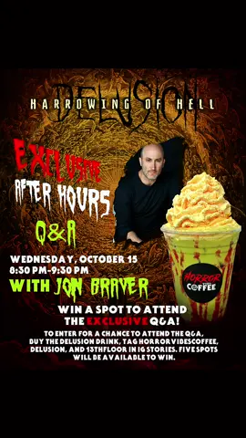 The Delusion drink from our 13th Floor Entertainment collab menu!  NOW until 10/10 you can purchase the Delusion drink for a chance to be invited to our exclusive in-store Q&A with Jon Braver, creator/writer/director of Delusion ❤️🖤 This drink + LA Haunted Hayride and Queen Mary’s Dark Harbor available 9/26 - 10/10 at the LA location ONLY! How to enter: 🩸Purchase the Delusion themed drink 🩸Snap a pic of your Delusion themed drink  🩸Tag @horrorvibescoffee, @official.13feg, and @enterdelusion  Winners to be announced on 10/13!  Good luck ghouls! 🖤🩸❤️ Graphic by @escobombardons 