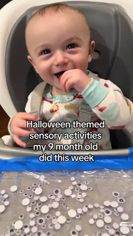 This week’s play tray lineup was messy, spooky, and sooo much fun. Here’s what me and bubs did…. 1.Spooky Oobleck – orange and purple oobleck made from cornstarch and water. It was a total mess, but he loved every second! Helps with tactile exploration and fine motor skills  2.Googly Eyed Goo – hair gel and googly eyes sealed in a sensory bag. Great for visual tracking and caus and effect learning 3.Magic Color Changing Potion – baking soda, water and vinegar, with eyeballs and ice cube skulls. Encourages sensory curiosity and early science thinking  4.Pumpkin Purée Bag – smooth pumpkin purée in a sealed sensory bag. Perfect for texture introduction and strengthening hand eye coordination without the mess 5.Swamp Dinos – chia seeds, cornstarch, and water for a swampy base with toy dinosaurs. Builds imagination, texture tolerance, and pretend play skills  #sensoryplay #babyactivities #9monthsold #babysensory #playtray   9 months activities 