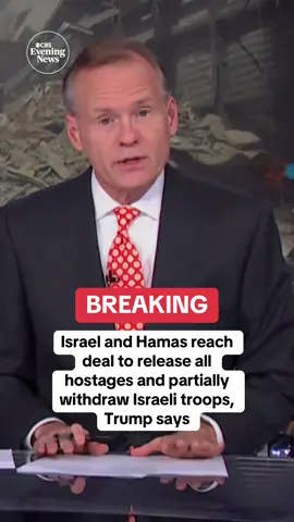 BREAKING: Israel and Hamas have struck a deal for Hamas to release all remaining hostages and for Israel to withdraw its forces to an “agreed upon line,” President Trump announced Wednesday, in what he called the “first Phase” of a peace deal to end the two-year-long war. CBS News’ @Ed O’Keefe had more on the developing story. #israel #hamas #gaza #middleeast 