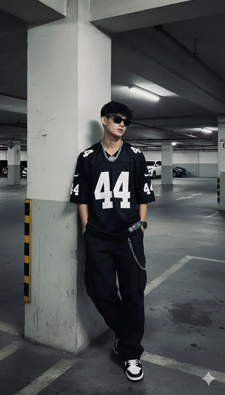 Tutorial trend foto Gemini si 1.buka Gemini si 2.masukan prompt di bawah STREETWEAR BASEMENT Foto street style bergaya urban di area parkiran bawah tanah. Seorang pria dengan wajah 100% identik dari foto referensi saya berdiri santai sambil bersandar di tiang beton. Dia mengenakan jersey football oversized warna hitam dengan nomor besar 