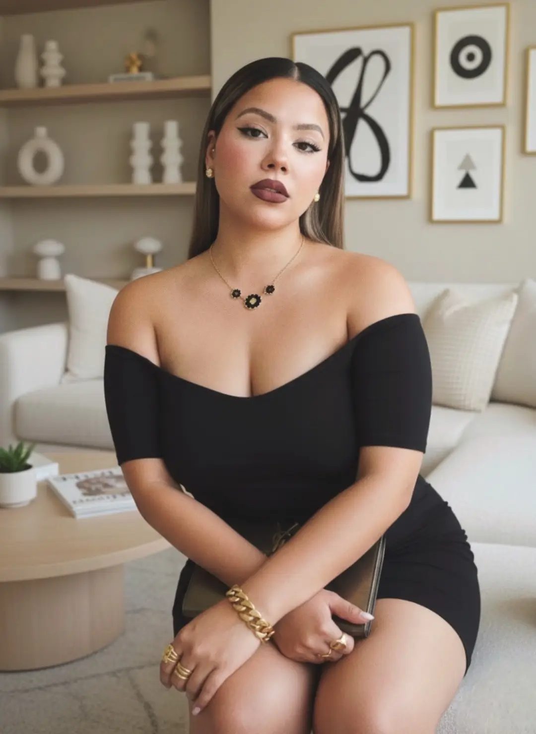 Create a realistic image of me in my living room  y2k style , backround has to be a beige modern aesthetic like target style, sitting down looking sultry  . Straight hair with gold  stud earrings,black and Gold van cliff necklace and  chunky rings and bracelet. I have a bold burgundy lip and my French almond shape  with subtle freckles .I have a black  of the shoulder top dress Holding a ysl Clutch.do not change my face. Body is thick.  #googlegeminiai #fotografia #trending #howto 