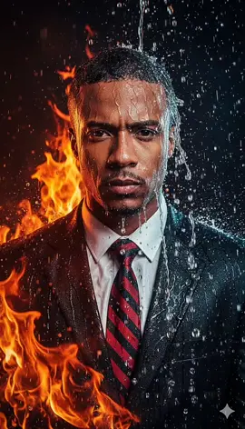 🚨Prompt🚨 In a suit, getting all wet, and taking a photo, and with a black and red tie   Cinematic portrait of the man in the attached photo, middle-aged, with a wet face and a serious and intense expression, looking directly at the camera.  He wears a sodden dark suit, a wet white shirt, and a red and black striped tie, conveying strength and determination.  The image is divided into two dramatic contrasts: the left side illuminated with orange and red flames, realistic fire rising from his clothing and background, while the right side is covered in moving water, splashes frozen in the air and drops falling on his face and suit, creating the sensation of the power of the elements of fire and water clashing.  High-resolution photography, cinematic portrait style, vibrant colors, intense contrast between the cool blue of the water and the warm orange of the fire, dramatic high-contrast lighting (chiaroscuro).  Dark background, highlighted by fire particles and water splashes.  The framing is vertical (portrait format), captured from a frontal angle, focusing on the face, with extreme detail of the texture of wet skin, strands of hair stuck to the face, and reflections of the water, add my name with a futuristic font, 