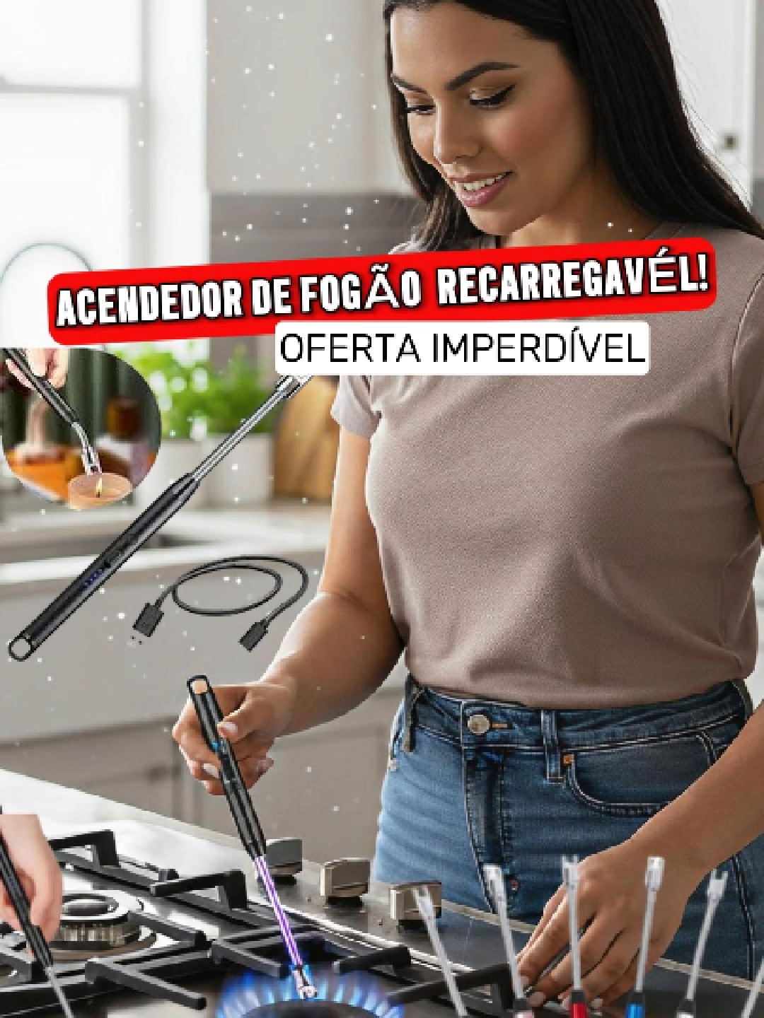 Compre aqui seu acendedor de fogão recarregável USB  Isqueiro Acendedor Elétrico Recarregável de Fogão a Gás | Churrasqueira | Velas | Cozinha | Ponta Flexível |  Carregamento USB | 27 cm. #fogueira #isqueiro #acendedor #fogão