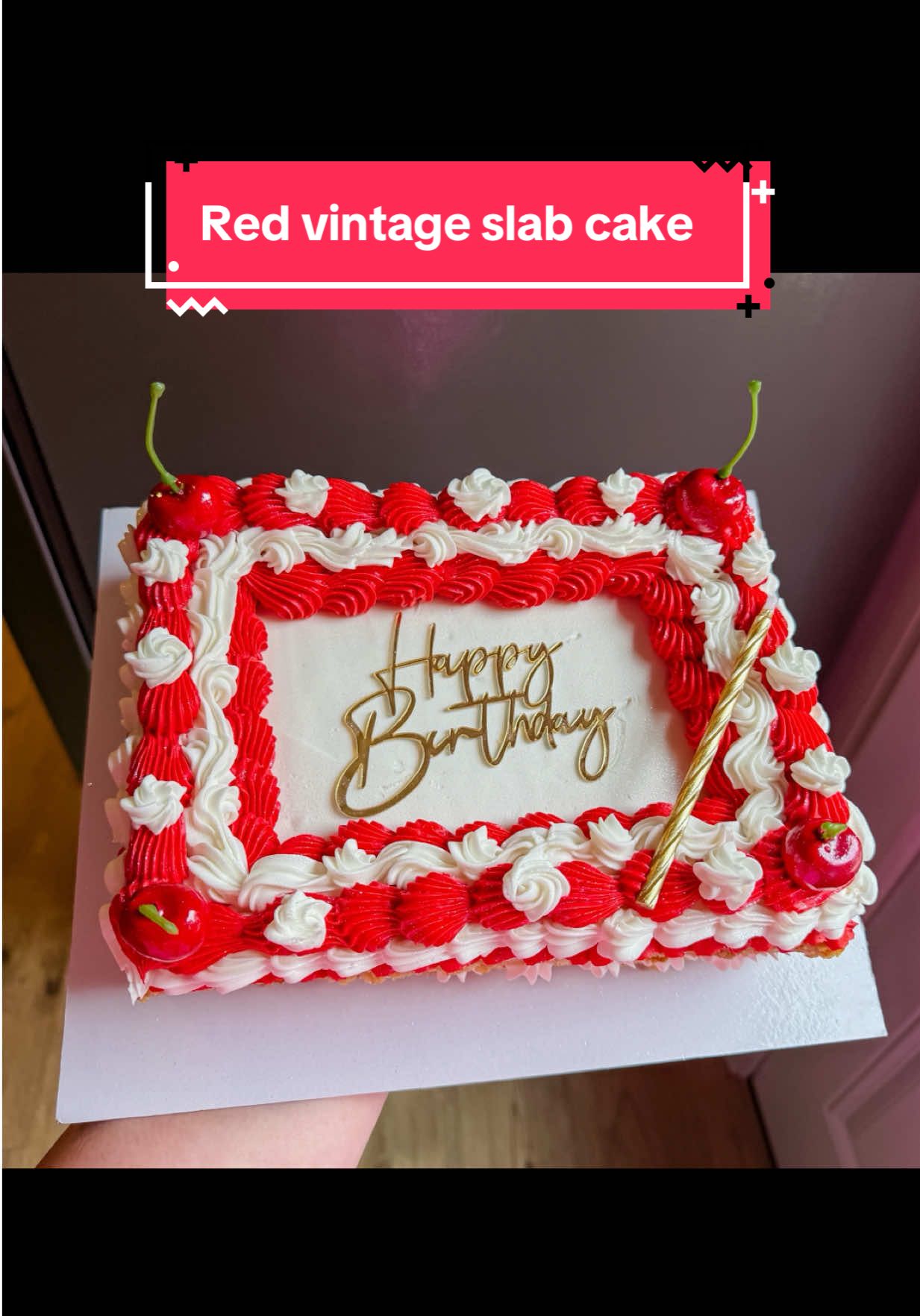 Red vintage slab cake with gold accents ❤️🌹🍒♦️🌶️ piping the buttercream borders and rosettes were super fun on this cake! I used the 6b, 4b, 104 petal and small open star piping tips #cakedecorating #homebakerybusiness #redcake #vintagecake #fyp 