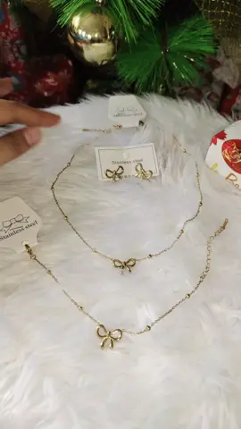 3pcs  stainless steel Delicate Gold Set Jewelry Necklace Hypoallergenic gold-plated stainless steel #ribbonnecklace #ribbonearrings #ribbonbracelet #ribbonsetjewerly #ribbonaccessories 