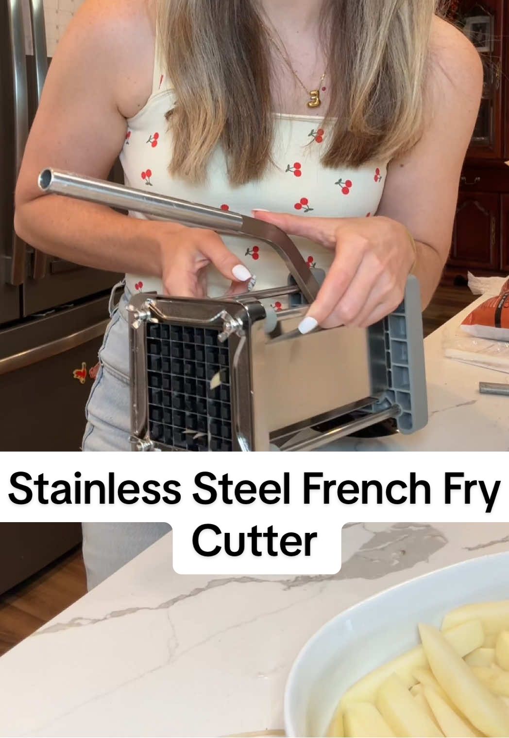 This French fry cutter is heavy duty. Get resturant quality fries at home with this stainless steel cutter. #KitchenGadget #HomeCooking #MealPrepMadeEasy #KitchenEssentials #falldealsforyou 