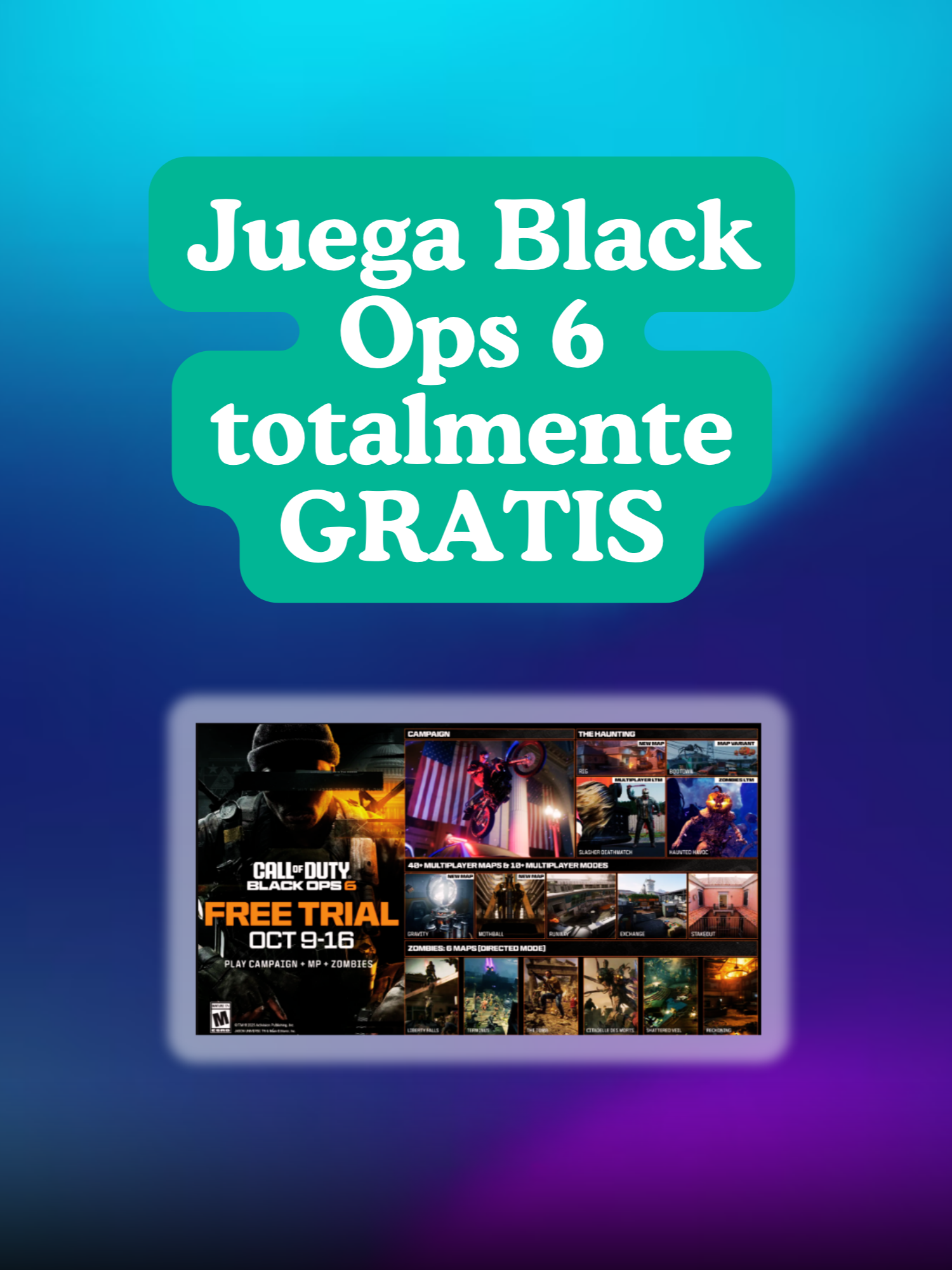 Juega Black ops 6 gratis, de el 9 a el 16 de octubre tendras acceso gratuito para poder jugar Black ops 6 completamente gratis pero esta vez todo, zombies, multiplayer , campaña etc. #warylg #warryleader #warzoneclips #rebirthisland #verdansk #Gaming #cod #warzone #fyp #paratii #GamingOnTikTok #creatorsearchinsights #blackops7 #teamwipe #pasesdebatallawarzone #warzoneloadout #TheHaunting #warzonesetting #blacops7loadout #blackops7meta #warzonepredator #chukywarzone