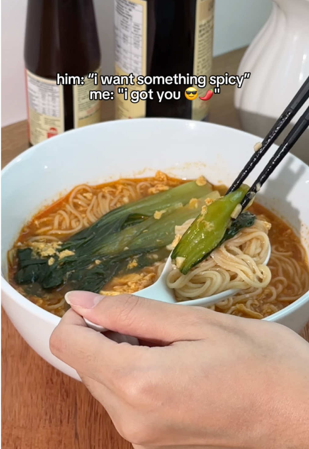 misua but make it spicy? 🌶️ if you love a kick to your regular misua, you should try this recipe inspired by jennidish SPICY MISUA  1. stir fry garlic and add in water 2. add in chilli powder and soy sauce to taste 3. choose your vegetables and protein and add in Youmee misua!