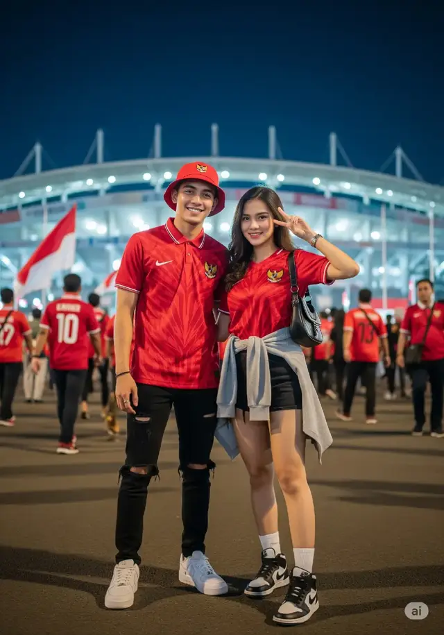 Jadi Ultras garuda 🔥 PROMPT : A hyper-realistic close-up selfie perspective, 3:4 portrait ratio, of a 20-year-old Indonesian Sundanese couple in the steep, crowded stands of a football stadium during a night match. The woman is in front, extending one arm toward the camera as if holding it for a selfie. She has a heart-shaped face, fair skin, and soft wavy dark brown hair parted in the middle. She wears a tight-fit red Indonesian football jersey, black short denim shorts, a gray hoodie tied around her waist, and a black shoulder bag. Her skin is **glistening with sweat** — especially her arms, neck, and face — with a wet glossy shine reflecting stadium lights. She smiles brightly mid-cheer. Behind her, the man leans in with a wide, joyful smile. He has an oval face, tan fair skin, and slick side-parted black hair. He wears a red Indonesian football polo shirt with white stripes and a red bucket hat. His face, neck, and arms also appear **soaked in sweat**, reflecting light dramatically, showing intense heat and excitement. In the background, steep stadium bleachers are packed with fans standing shoulder to shoulder, all drenched in sweat, some with soaked shirts. They raise their arms, wave flags, and hold up **scarves that clearly say 