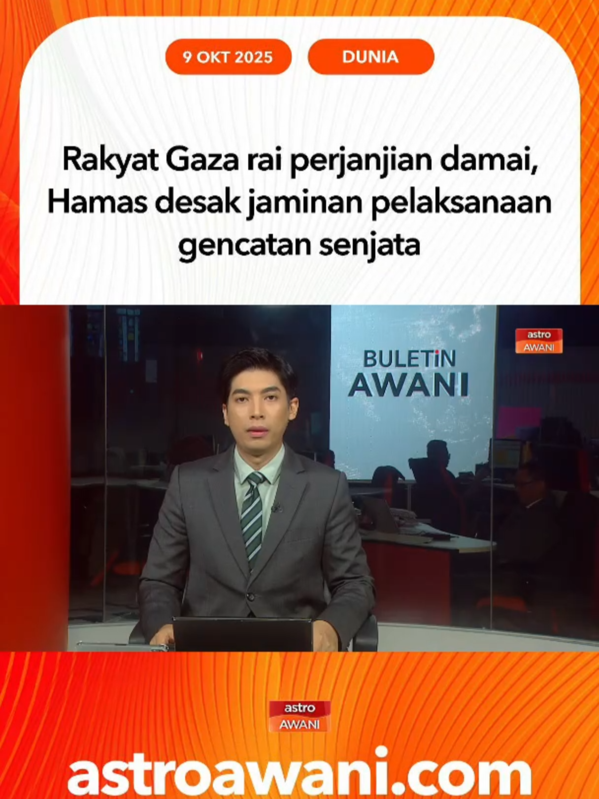 Penduduk Palestin di Khan Younis meraikan perjanjian damai antara Israel dan Hamas yang diumumkan selepas dua tahun perang di Gaza. Perjanjian itu melibatkan pengunduran Israel serta pertukaran tahanan, di bawah pelan damai yang dirangka Presiden AS Donald Trump. Hamas bagaimanapun mendesak jaminan agar Israel melaksanakan sepenuhnya gencatan senjata tersebut. #AWANInews
