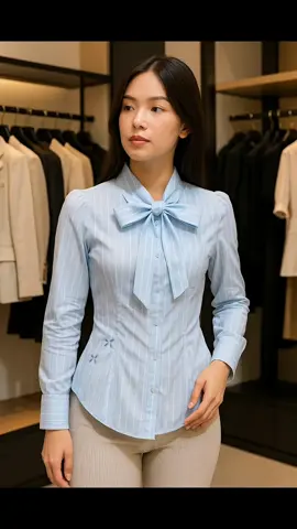 Wispie High Value Women Shirt | Kemeja Blus Wanita Fitted Shirt Lengan Panjang Katun Salur Dasi Pita#fyp #pakaianwanita #fashionwanita #dijamincuan 