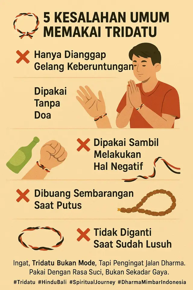 Benang Tridatu itu bukan aksesoris! Banyak orang pakai, tapi gak tahu maknanya! 📋 5 Kesalahan Umum 1. ❌ Hanya dianggap gelang keberuntungan. Padahal Tridatu adalah simbol Tri Murti — Brahma, Wisnu, Siwa — kekuatan pencipta, pemelihara, dan pelebur alam semesta. 2. ❌ Dipakai tanpa doa. Benang Tridatu seharusnya diikat setelah di-puja, minimal dengan doa singkat seperti: “Om Atma Tattvatma Suddhiyami” — untuk menyucikan diri dan energi benangnya. 3. ❌ Dipakai sambil melakukan hal negatif. Tridatu akan kehilangan taksu jika dipakai sambil marah, mabuk, atau mencaci. 4. ❌ Dibuang sembarangan saat putus. Kalau putus, jangan dibuang ke tong sampah. Letakkan di tempat suci, atau bakar dengan dupa sambil ucap: “Om Swastiastu, rahayu ring sarwa bhuta.” 5. ❌ Tidak diganti saat sudah lusuh. Benang Tridatu perlu diperbarui saat sudah kusam, biasanya setelah upacara Galungan, Saraswati, atau Melukat. Ingat, Tridatu bukan mode, tapi pengingat jalan dharma. Pakai dengan rasa suci, bukan sekadar gaya. #Tridatu #HinduBali #SpiritualJourney #DharmaMimbarIndonesia