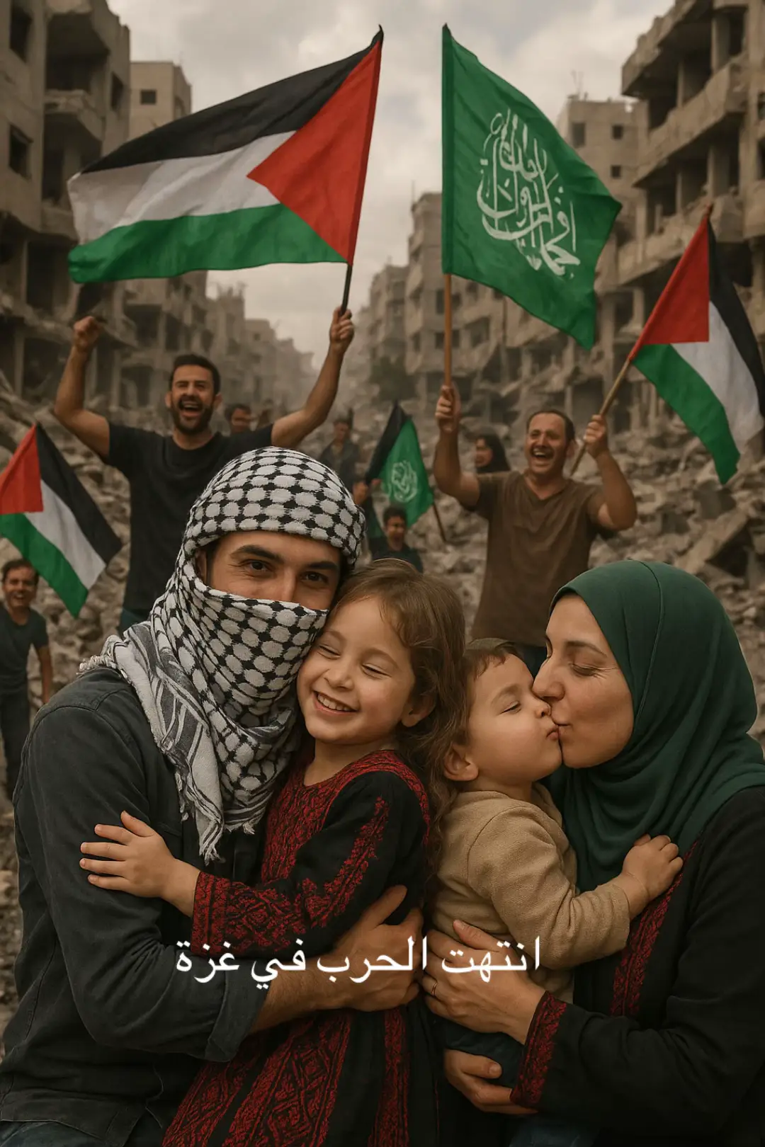 In October 2025, after years of pain, destruction, and loss, the long-awaited ceasefire finally came to Gaza. The streets of Gaza, particularly in Shujaiya, erupted in a wave of hope and joy, as Palestinians celebrated the momentary peace they had yearned for. After the darkness, the light finally pierced through the clouds. Families emerged from the rubble, embracing their loved ones, as if to make up for the moments stolen from them by war. In the heart of Shujaiya, a masked man, a symbol of the enduring strength and resilience of the Palestinian people, holds a little girl in his arms, both surrounded by a crowd of joyous souls. The little girl, wearing traditional Palestinian clothing—a vibrant dress adorned with rich embroidery—looks up to him with a mixture of awe and comfort, feeling the warmth of her heritage and the hope for a better future. The atmosphere is thick with emotion, as every hug, every smile, and every tear represents not just survival, but a reclaiming of dignity. A mother, who has endured so much in the face of overwhelming hardship, holds her child close, kissing his forehead with a love so pure, it transcends the boundaries of suffering. This moment of peace, though fragile, is cherished as if it were eternal—an unspoken promise that no matter how harsh the journey, Palestinians will always find a way to rise, to love, and to live. As the music fills the air, the people of Gaza know that the battle for true peace is far from over, but for this one moment, they stand together—unbroken, united, and alive. #CeasefireCelebration #Gaza2025 #PalestinianStrength #Shujaiya #Resilience     