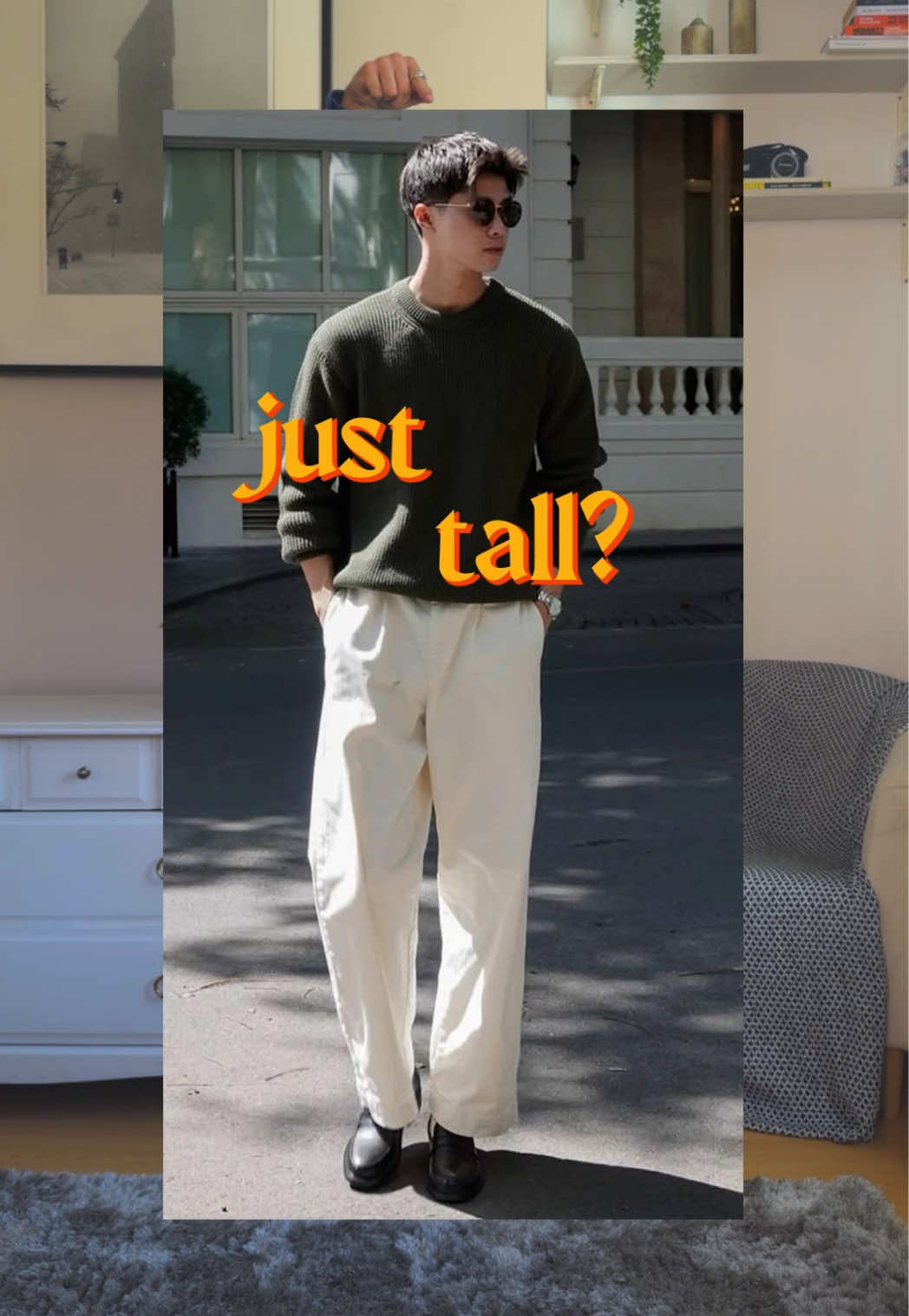 Is it a fit or is he just tall? I love the colour combo of white and green and the cropped length of the sweater makes for perfect proportions. But what do you think? #wardrobeessentials #shortguy #mensoutfits #grwm #recreatingpinterestoutfits 