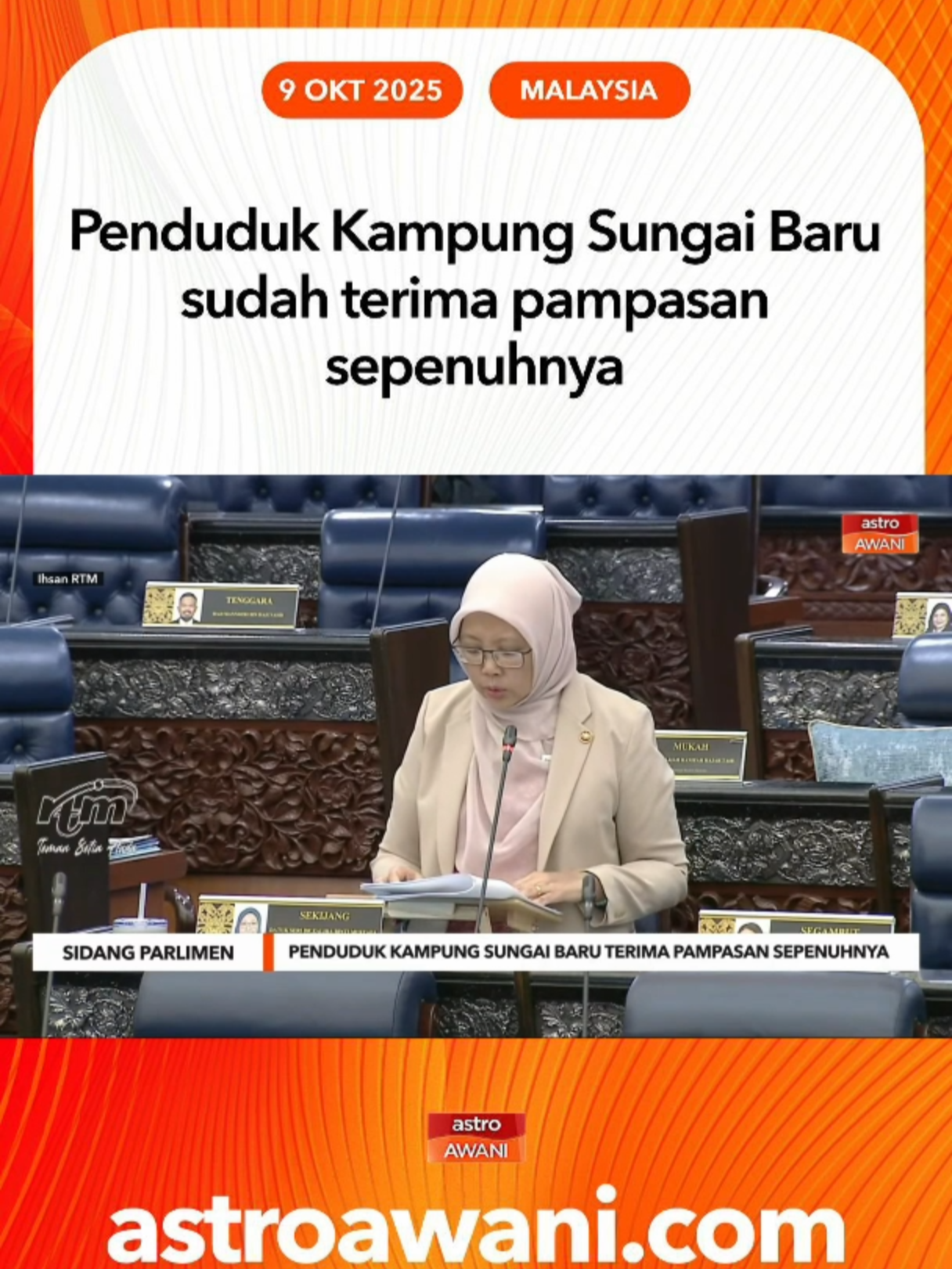 Semua penduduk yang terlibat dengan pengambilan tanah bagi projek pembangunan semula Kampung Sungai Baru sudah menerima pampasan sepenuhnya antara Februari 2022 dan Januari 2023. #AWANInews