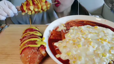 ASMR コーンチーズトッポギ チーズハットグ🧀 #asmr #먹방 #モッパン #mukbang #koreanfood 