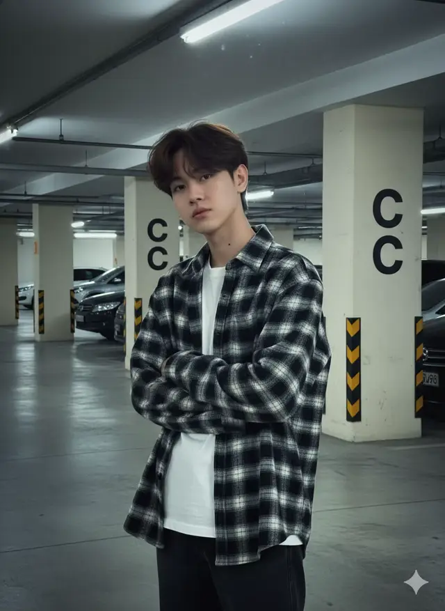A young man with the facial features of [reference image], standing in an underground parking lot. Hairstyle: soft layered messy haircut, voluminous and natural. Outfit: oversized black-and-white plaid flannel shirt worn open over a plain white T-shirt, paired with dark pants. Pose: arms folded across chest, shoulders relaxed, body slightly angled, head tilted a bit while looking directly at the camera with a calm expression. Background: basement parking garage with concrete pillar marked 