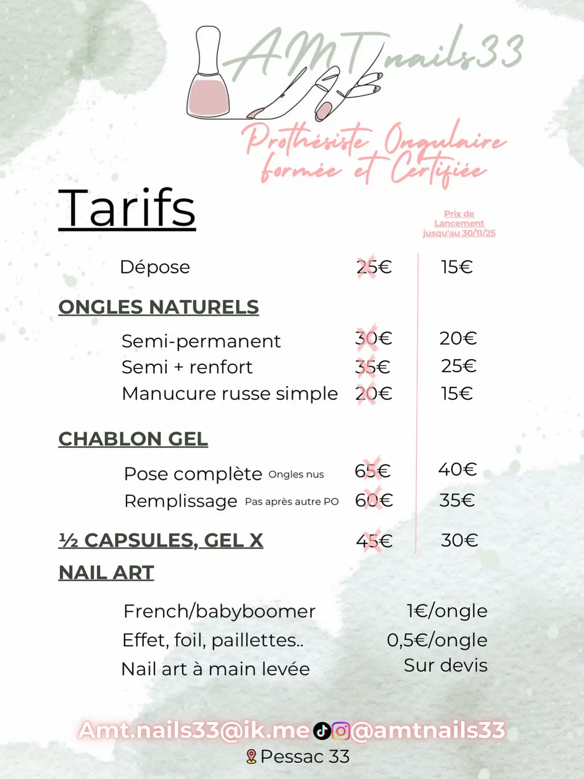 Retrouves mes tarifs et l'offre de lancement, mes dispo au moment où je poste les photos et la localisation de mon activité. Si cela ne t'intéresse pas, un like ou un partage c'est déjà beaucoup ! Merci !  #nailart #pessac #prothésisteongulaire33
