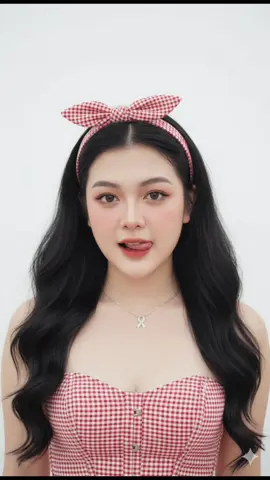 Promt 😍 edit foto ini menjadi Sebuah potret close-up seorang wanita tanpa mengubah wajah, dengan rambut hitam panjang, mengenakan atasan kemben motif kotak-kotak merah dan putih. Dia memiliki syal/scraft motif kotak-kotak merah dan putih yang serasi diikat di kepalanya dan kalung perak dengan liontin pita di lehernya. Dia memiliki riasan lembut dengan perona pipi merah muda dan lipstik. Latar belakangnya putih. Dia melihat lurus ke depan dengan ekspresi netral. #promt #trending #editAI #geminiai #fyp 