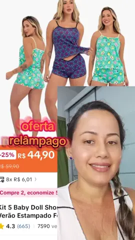 kit 5 baby Doll short de dormir, roupa leve  #tiktokshopchegou #promocao #babydoll #fyp 
