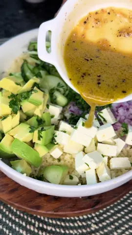 Couscous Salad  2 cups of ready couscous  1/2 chopped onion 1/2 cup sliced cucumber  1/2 sliced avo  1/4 cup feta cheese  1 spring onion Fresh parsley for garnish  For the dressing  2 TBSP olive oil 1 TBSP honey 2 TBSP vinegar Salt and pepper  1 tsp Dijon mustard  Squeeze of lemon or lime juice   #foodtiktok #tiktokfood #food #nicholasfraser #salad 