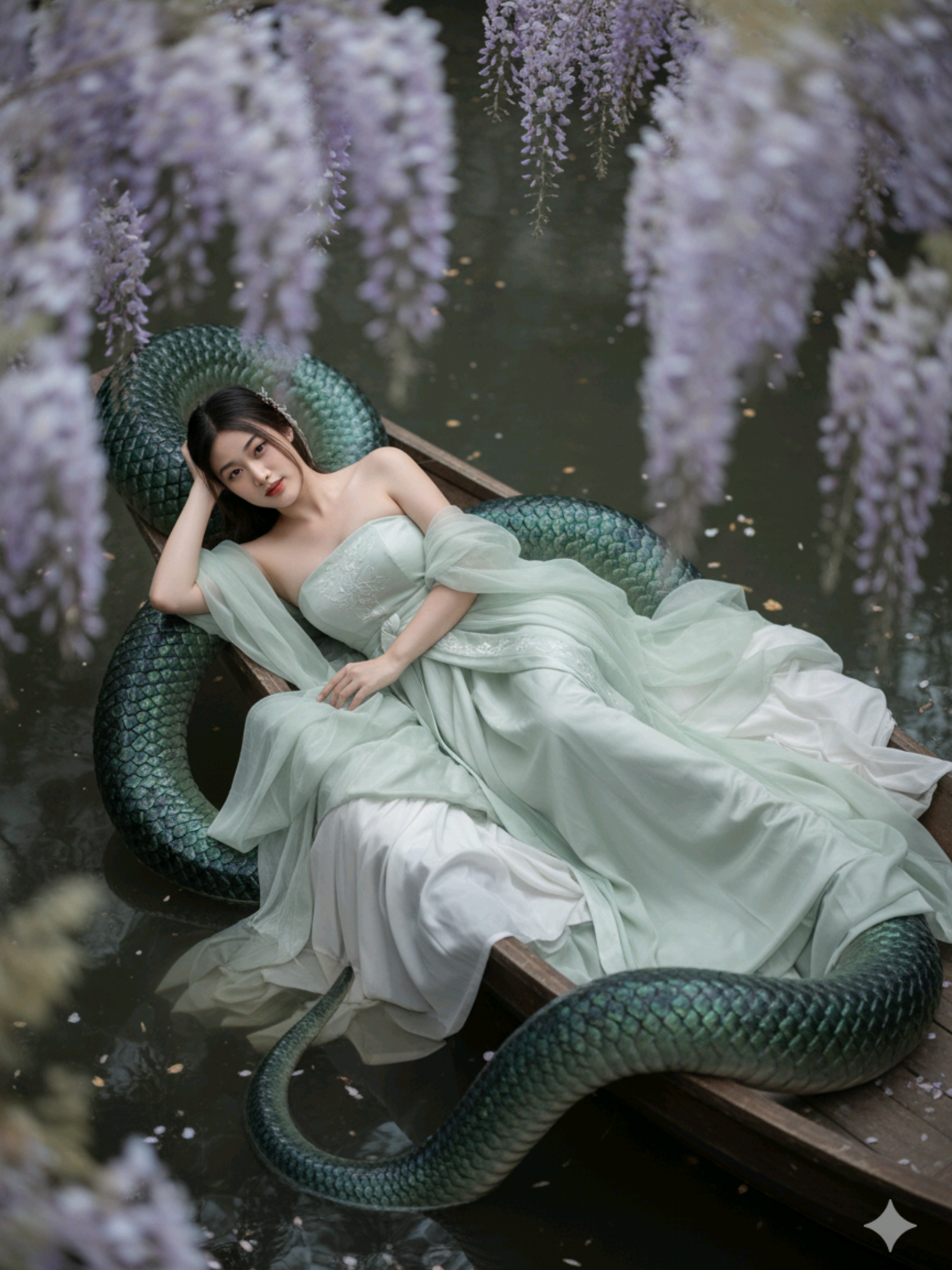 ปีศาจงูน้อย 😁💫🐍 prompt: สร้างภาพถ่ายเหมือนจริงจากภาพต้นฉบับที่ใบหน้าเหมือนจริงที่สุด ใบหน้าเหมือนต้นฉบับ 100% ห้ามเปลี่ยน ทรงผมปล่อยยาวยาวประดับผมเรียบง่าย ปล่อยปรอยผมหน้าเล็กน้อย มีดวงตาที่อ่อนโยนและรอยยิ้มบางๆ เธอใส่ชุดฮั่นฝูเกาะอกสีเขียวอ่อน แซมด้วยสีขาวผ้าพริ้วๆ มีผ้าคลุมบางๆ กระโปรงบานมาก มองไม่เห็นเท้าเธอ ชุดทบกันหลายชั้นตกแต่งสวยงาม เธอนอนราบคล้ายนอนตะแครงเล็กน้อยหัวอยู่บนแขน เธอนอนด้วยท่วงท่าที่สง่างาม มีเสน่ห์ เซ็กซี่  อยู่ในเรือไม้บนผิวน้ำ กลางบ่อน้ำกว้างใหญ่ ขาของเธอคืองูตัวใหญ่ ที่มีขนาดใหญ่กว่าตัวเธอ ที่มีเกล็ดสีเขียวเหลือบดำ เกล็ดประกายแสงวิบวับ รายละเอียดเกล็ดที่สมจริง กำลังพันรอบตัวเธอและเรือ มีดอกไม้วิสเทอเรียสีม่วงอ่อนบานสะพรั่ง เป็นฉากหลังและสะท้อนลงบนผิวน้ำ ภาพรวมควรให้ความรู้สึกถึงความสง่างาม ความสงบ และความลึกลับในบรรยากาศของเทพนิยายโบราณแสงสลัวๆ อึมครึม ให้แสงและเงาที่สมจริงมากที่สุด เป็นภาพมุมสูง (top view), Canon EOS R5, เลนส์ 85 มม. f/1.2, รูรับแสง f/1.2, DOF ตื้นพิเศษ,ตามองกล้อง ผิวพอร์ซเลนเปล่งประกาย, สุนทรียศาสตร์แฟชั่นที่เน้นรายละเอียดอย่างพิถีพิถัน, อัตราส่วนภาพ 9:16--ไฮเปอร์เรียลลิสม์ #ซีรี่ย์จีนโบราณ #ซีรี่ย์จีนย้อนยุค #เทพเซียน #gemini #metaai 