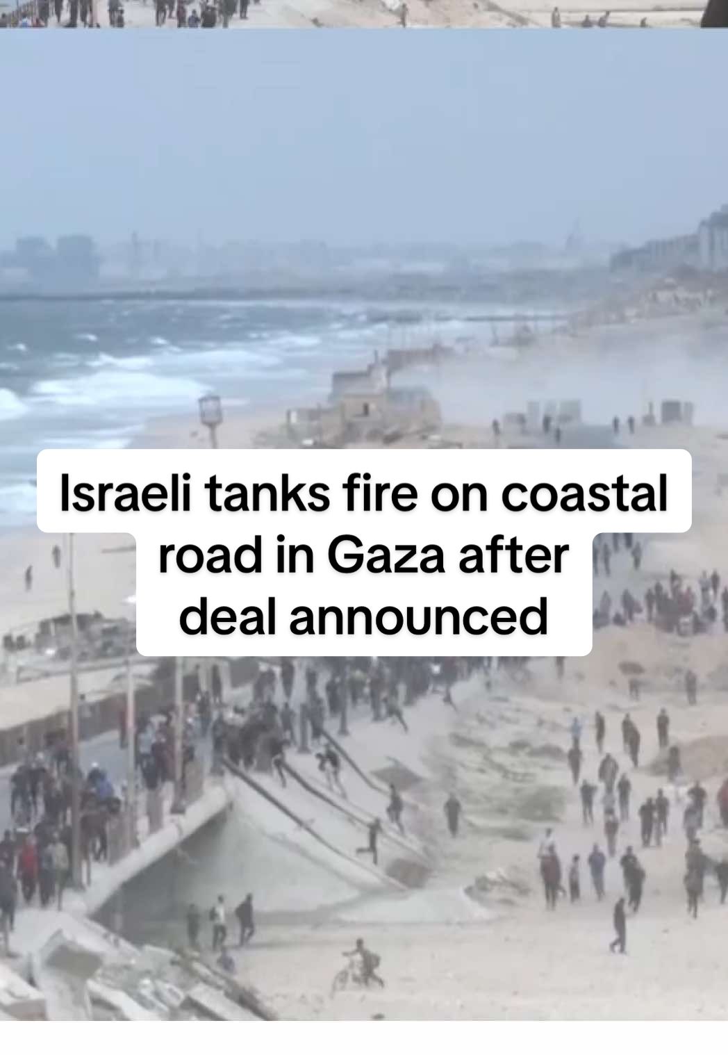 Israeli tanks were seen firing on a crowded coastal path near Deir al-Balah in the central Gaza Strip shortly after a ceasefire and hostage deal were announced. Reuters footage showed explosions and smoke from tank shelling on an area close to where dozens of Palestinians were walking. #gaza #ceasefire #israel #hamas #explosion