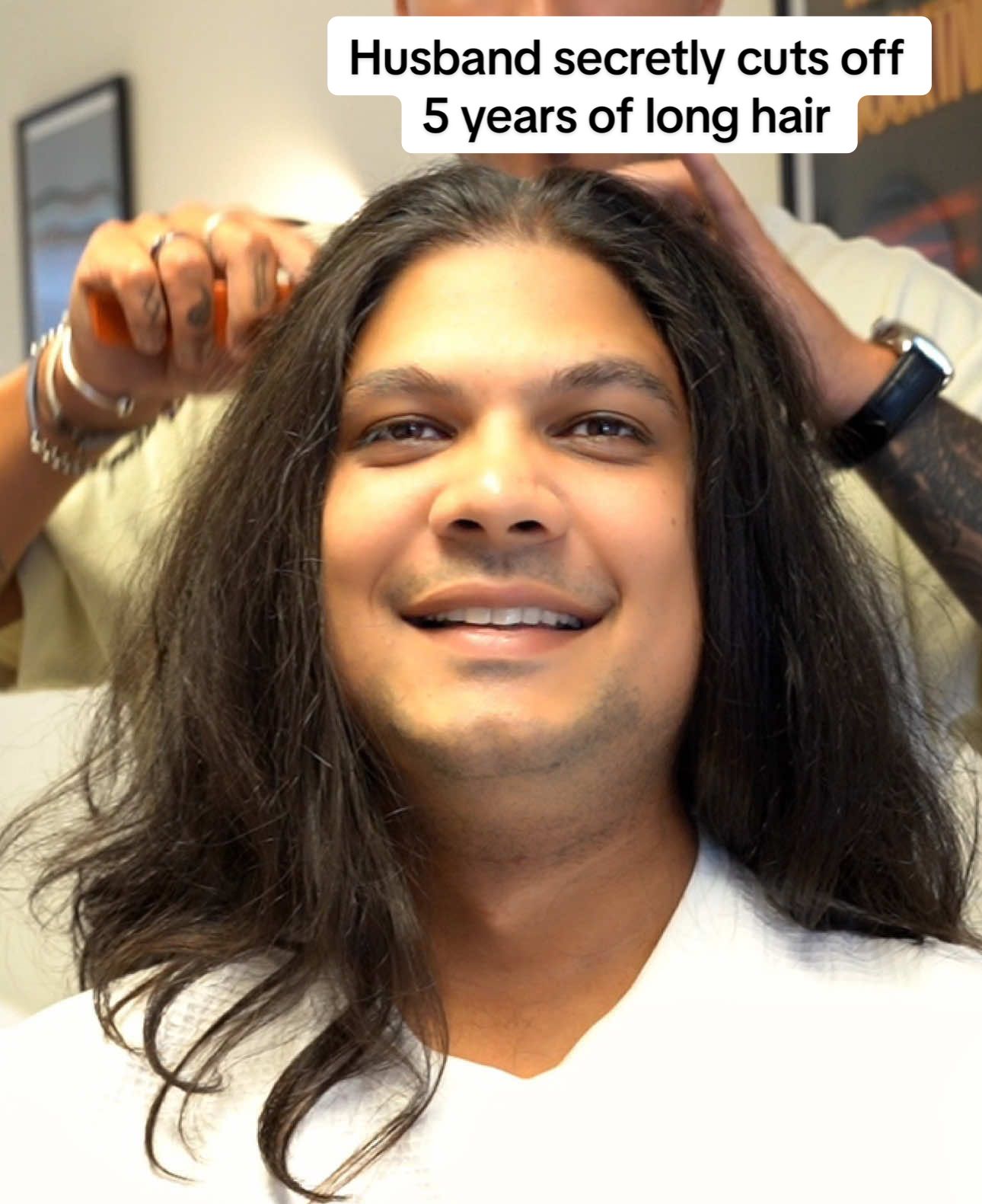 His wife and daughters reactions 🤣 Kush secretly cut off 5 years of long hair without telling his wife! #transformation #hairtransformation #fyp #newhaircut #haircut 