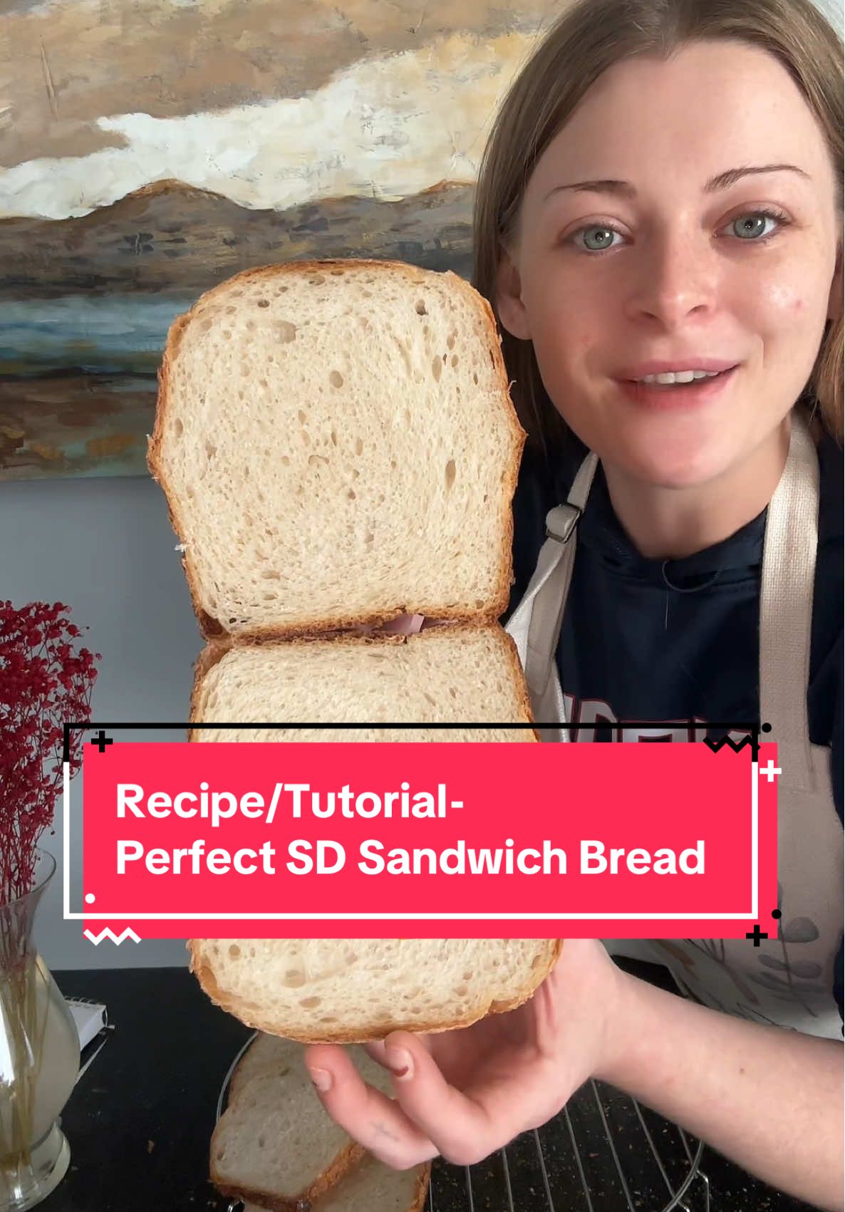Sourdough Sandwich Bread: •300g Warm water •125g Active starter •25g Preferred sweetener •20g Avocado oil •10g Salt •500g Bread flour Rest 30mins between- completing 3 sets of stretch/slap & folds. Cover and let rest on counter until doubled in size. Refrigerate dough for at least one hour. Makes shaping easiest but not necessary. Shape dough. Place in loaf pan (9x5in). Cover & rest on counter until doubled in size. Preheat oven to 400° Release any bubbles on surface of loaf. Lightly score top for even expansion, & brush with water. Cover with second loaf pan or aluminum foil (best rise=loaf pan), bake for 35mins. Uncover & reduce heat to 375°- bake for 15/30mins. Let cool, and ENJOY🤩 #sourdough #sandwich #bread #Recipe #baking 