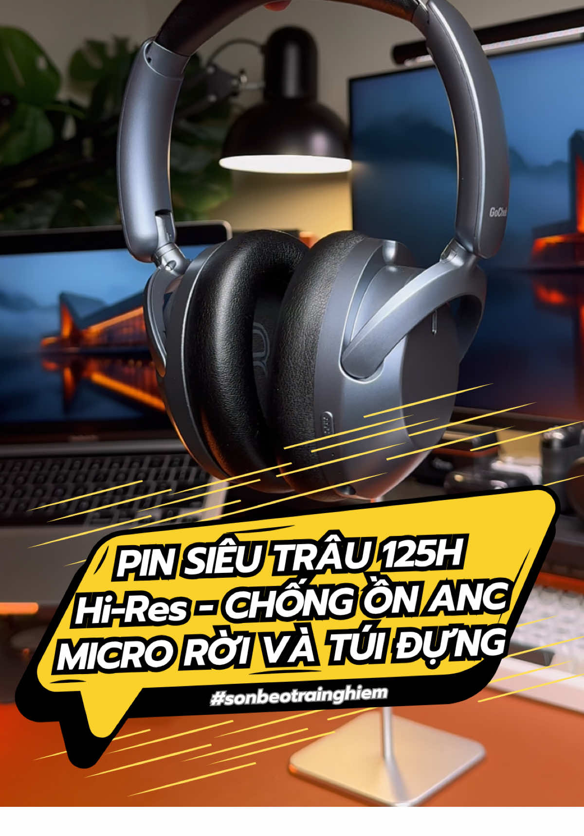 Pin cực kỳ trâu dùng cả tháng không phải sạc. Chất âm đỉnh hires audio và xuyên âm, chống ồn chủ động anc. Bật 3 mode nghe nhạc và 1 mode chơi game. Kèm micro rời và túi đựng gấp gọn tai nghe mang đi. Ngoại hình đậm chất tương lai. Quá ngon #sonbeotrainghiem #tainghechuptai #tainghebluetooth #gochek 