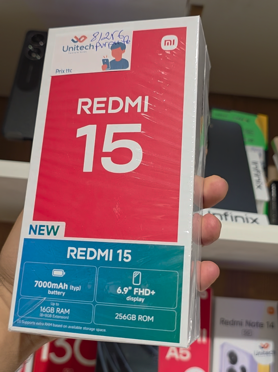 📱✨ اكتشف روعة الأداء مع Redmi 15 الجديد! 🔹 شاشة كبيرة بدقة عالية تمنحك ألوان زاهية وتجربة مشاهدة استثنائية 🔹 معالج قوي Snapdragon® 685 يضمن لك سرعة وسلاسة في كل استعمال 🔹 بطارية عملاقة 7000mAh  تصمد معك طوال اليوم بدون انقطاع 🔹 كاميرا احترافية 50MP لتصوير صور وفيديوهات بجودة عالية 🔹 تصميم أنيق وخفيف يضيف لمسة عصرية ليدك 💰 أفضل سعر حصريًا لدى Unitech 🧾 مع الفاتورة الأصلية + ضمان 🚚 والتوصيل السريع لحد باب دارك في كامل تراب الجمهورية 🔥 اغتنم العرض الآن مع Unitech وامتلك هاتفك الذكي بأقوى صفقة! مع Power bank هدية مجانية 🎁 #Redmi15 #Unitech_Tunisia #أفضل_سعر #عروض_الهواتف #توصيل_سريع 