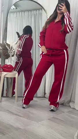 Pin stripe detail wide leg bottoms tracksuit red colour . #red #tracksuit #loungewear #pinstripe #StreetStyle 