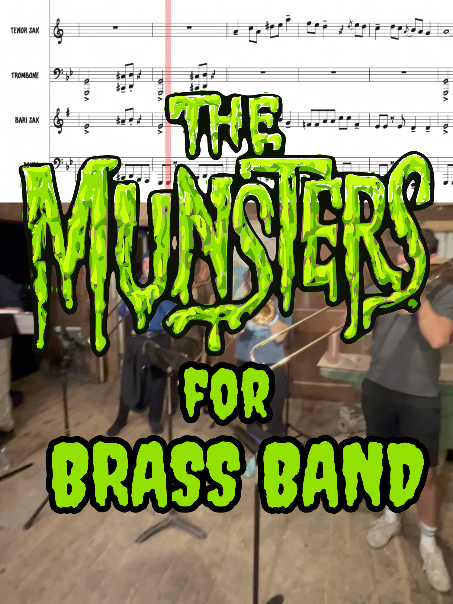 Can you name that song?? 🧟‍♂️🧛‍♂️🎃  Come see us live in October! 10/11: Greek Peak (Cortland, NY), 10/24: Atomic Tom's (Binghamton, NY) #band #brassband #trumpet #trombone #sousaphone #halloween #munsters #halloweenmusic #brass #sheetmusic #themunsters