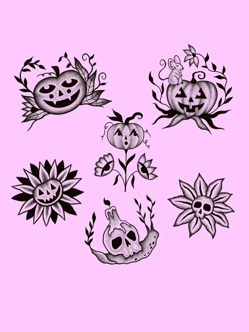 Spooky season is among us!! 🪦Here’s some creepy flash to celebrate! All of these designs are available to tattoo, priced individually by Artist (Emma(1), Amy(3), Kellan(2), Alexis(3)). Tap the link in our bio to book or submit a consultation! 👻  . . . #tattoo #flashtattoo #halloween  #spooky #losangeles 