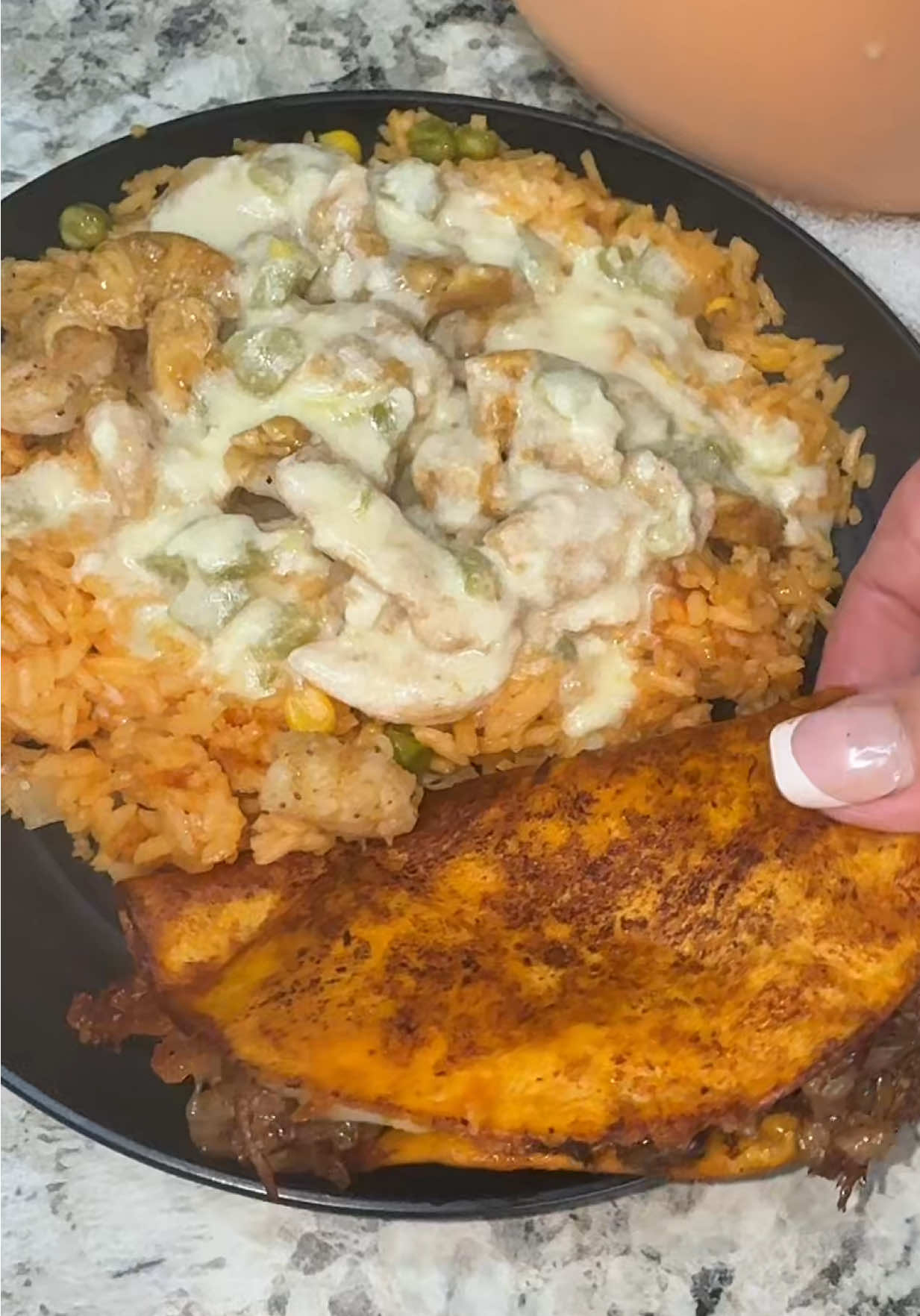 #dinner #mexican shrimp, chicken, homemade Mexican rice, drenched in homemade queso also made Beria tacos in the previous video 