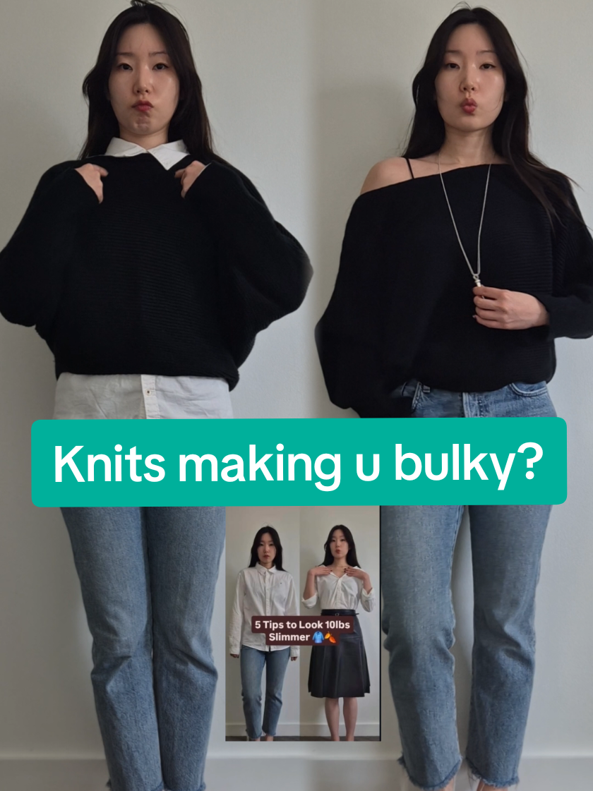 How to Look Slimmer in Sweaters 👀🧶 Knits making you look bulky? Try these easy 3 styling tricks to keep your silhouette clean and balanced this fall 🍂 1️⃣ Pull your sweater slightly off one shoulder — it opens your neckline and makes you look instantly slimmer. 2️⃣ Show a peek of your tank top straps underneath — adds vertical lines and dimension. 3️⃣ Add a long pendant necklace to elongate your torso. They’re all super simple but make a big difference! ✨ Full tutorial’s in my last video 💬 — go check it if you want to master sweater season like a Solid 7 😎 #sweaterstyle #stylingtips #howtolookslimmer #falloutfits   #creatorsearchinsights 