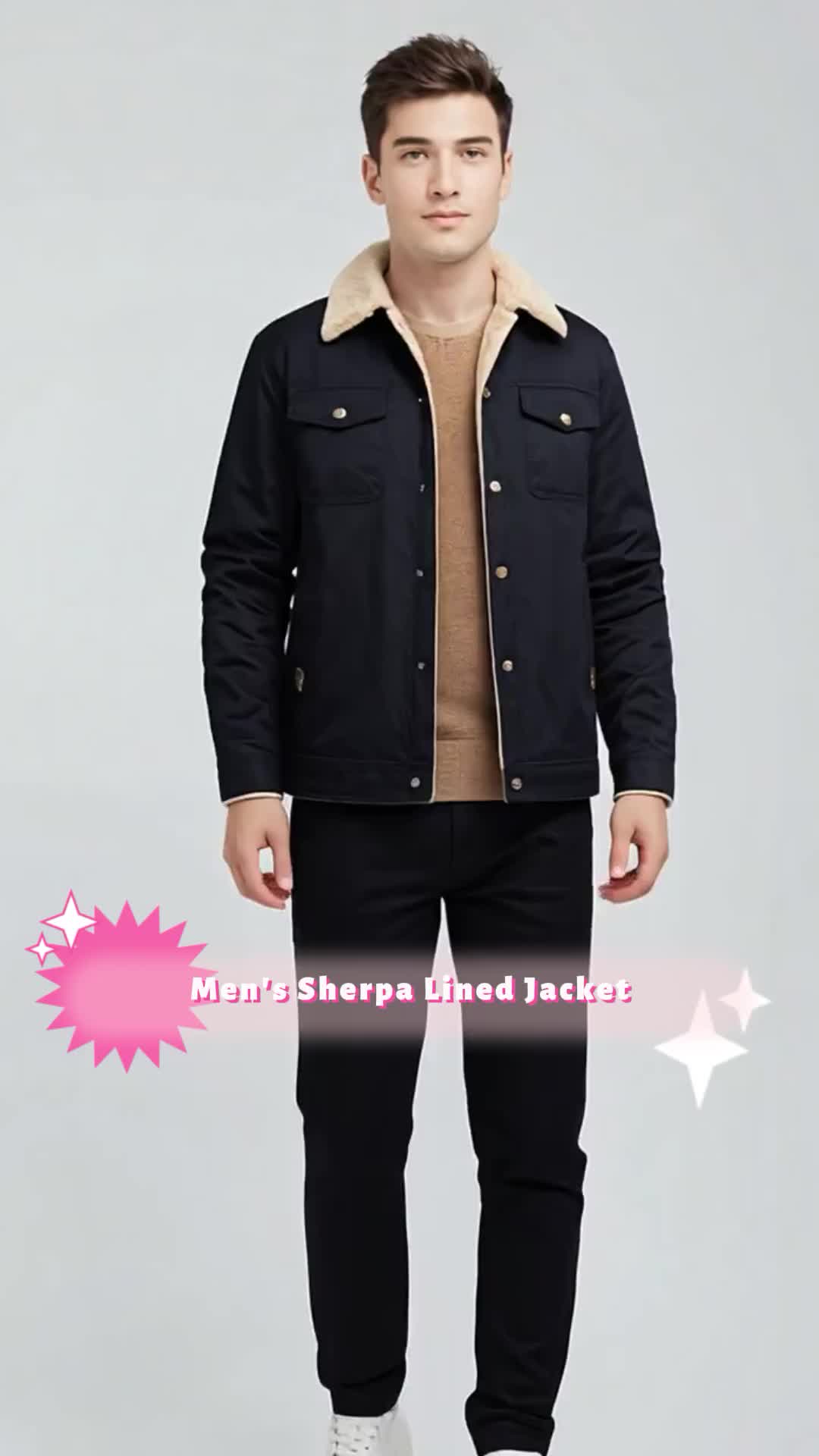 Men's Winter Jacket Lined Sherpa Jacket Warm Trucker Coat Multi Pocket #men #coats #jackets #clothings #fashions #viralvideo