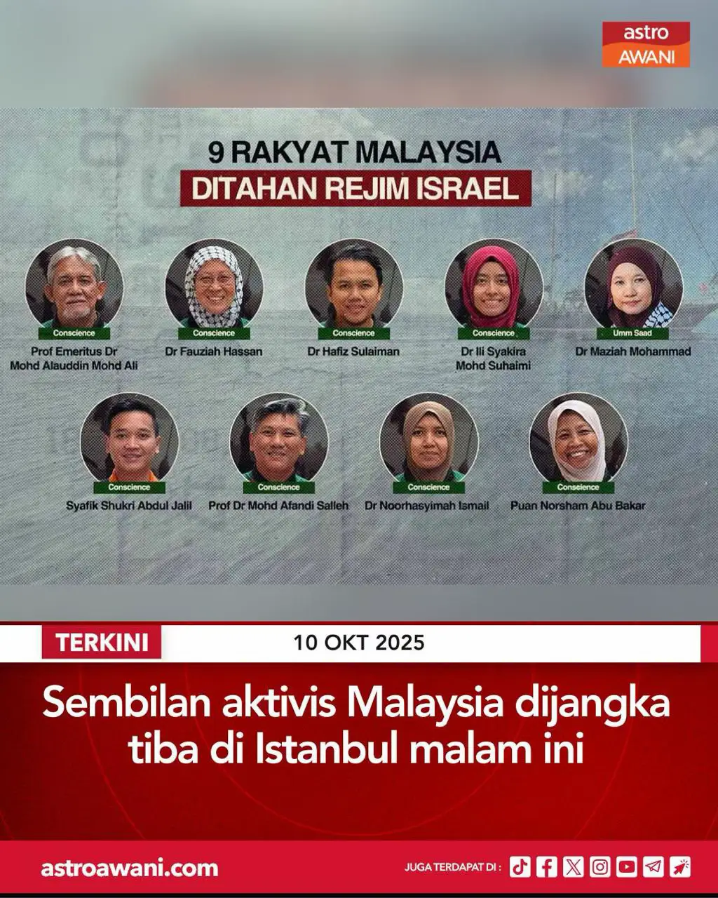 Sembilan aktivis Malaysia yang diculik tentera Israel semasa misi kapal Conscience dijangka tiba di Istanbul malam ini bersama aktivis dari 22 negara lain. Ikuti berita terkini di https://grid.astroawani.com/ #AWANInews