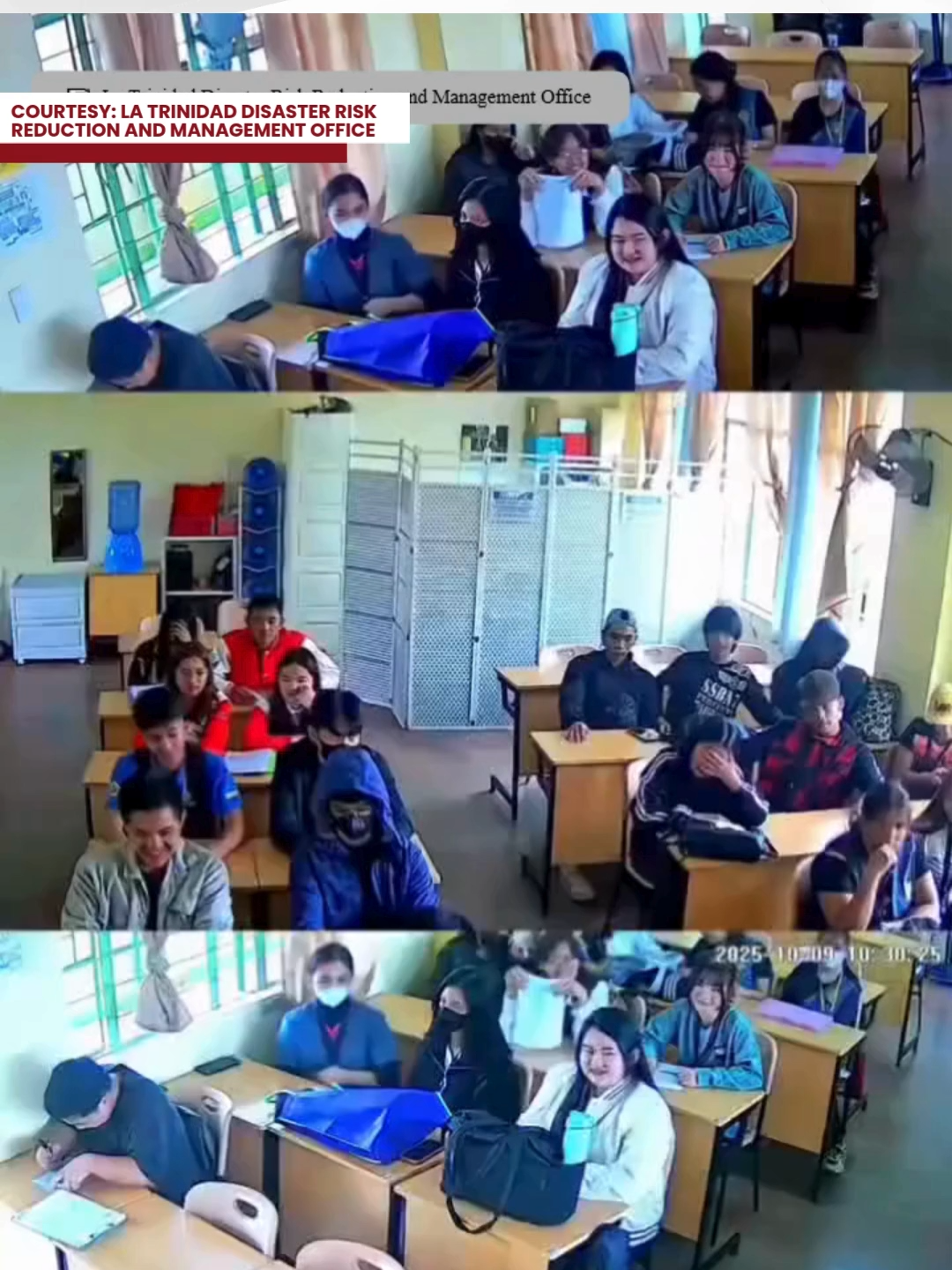 PANOORIN | Nakuhanan ng CCTV ang sabay-sabay na pag-“duck, cover, hold” ng mga Grade 12 students ng Benguet National High School sa La Trinidad, Benguet nang maramdaman ang magnitude 4.4 na lindol noong Huwebes ng umaga, Oktubre 9, 2025. Makikita sa footage ang kahandaan ng mga estudyante at disiplina sa paglikas.  | #RNews #RadyoPilipino Courtesy: La Trinidad Disaster Risk Reduction and Management Office/Facebook Para sa iba pang balita, siguraduhing naka-like at follow sa official accounts ng Radyo Pilipino.