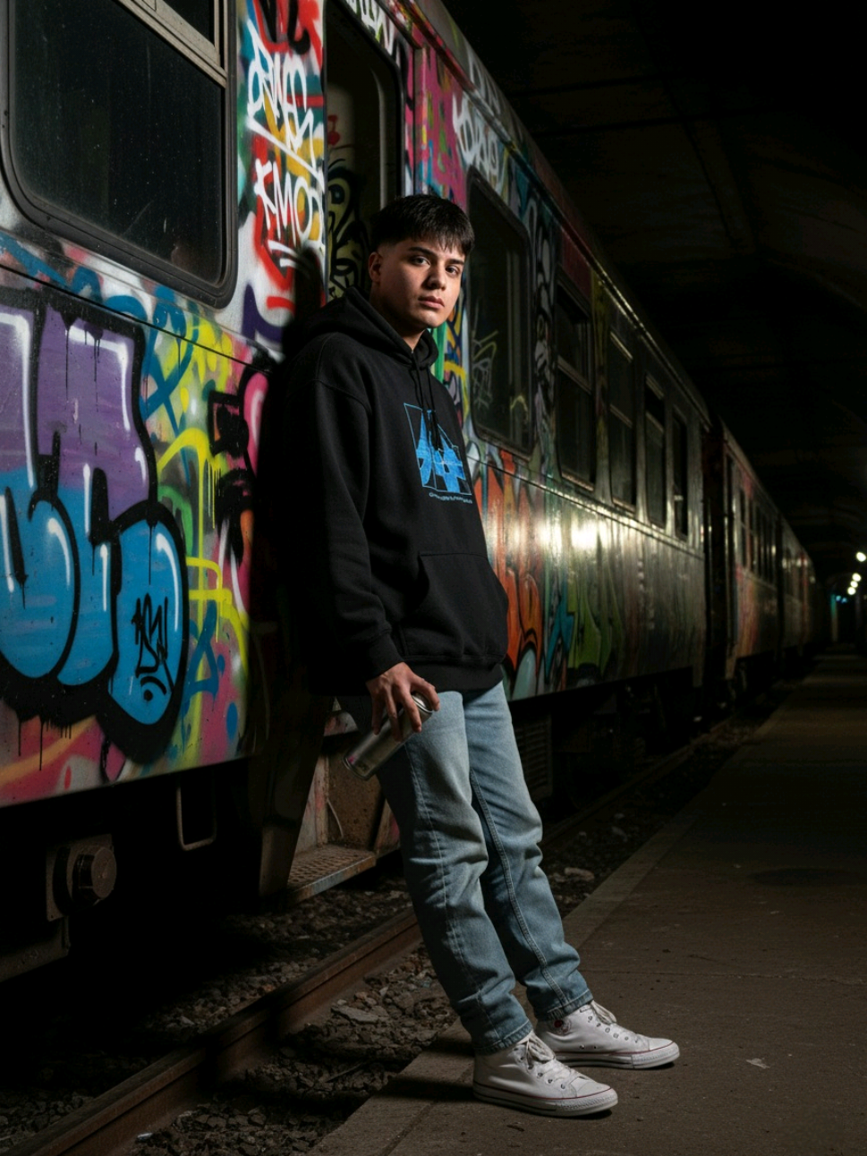 GEMINI AI PROMPT  Crea tu propia fotografía con calidad de estudio usando Gemini AI.  Prompt en los comentarios.  Hyperrealistic urban portrait of a character leaning naturally against a train car covered in detailed, colorful graffiti with dripping paint and neon reflections. The subject is looking directly at the camera, holding a spray paint aerosol can in one hand. Using the reference image as a STRICT source, preserve the EXACT likeness, facial structure, body proportions, and natural hair of the person. The subject wears authentic 2000s-inspired streetwear: an oversized hoodie, light-wash regular-fit jeans, and classic sneakers. The setting is a nocturnal tunnel or abandoned station, with dramatic lighting that creates sharp reflections on the metal train surface. The atmosphere conveys rebellion and street art culture, shot with a cinematic aesthetic. Photorealistic quality, Canon EOS 5D Mark IV, 35mm lens, high contrast cinematic lighting. urban photography, streetwear, graffiti, cinematic lighting, neon reflections, hyperrealistic, 2000s aesthetic, rebellious, street art culture, direct gaze, spray paint can --v 6.0 --style raw --ar 2:3 #geminiai #promptgeminiai #hacerfotosestudioconia #photostudio  #gemini 