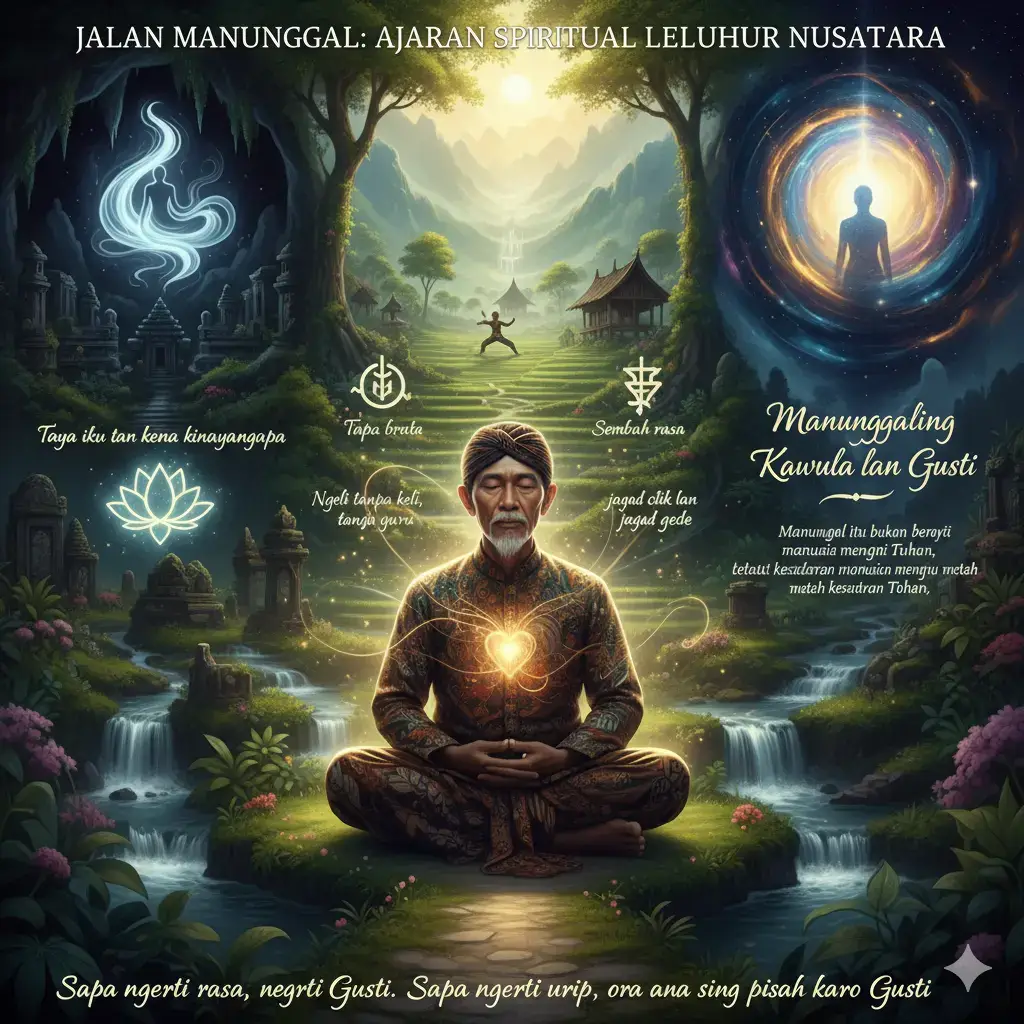 1. Asal-Usul Ajaran Manunggal Sebelum agama-agama besar masuk ke bumi Nusantara, leluhur kita telah memiliki sistem kepercayaan dan spiritualitas yang dalam, disebut Kapitayan. Kapitayan bukan sekadar pemujaan terhadap dewa atau roh leluhur, tetapi pengenalan terhadap satu sumber kesadaran tertinggi yang disebut Sang Hyang Taya — yang artinya yang tidak dapat dipersepsi, tanpa rupa, tanpa wujud, namun ada dan meliputi segalanya. Dari konsep Taya inilah muncul ajaran kesadaran sejati: bahwa Tuhan tidak berada di luar manusia, melainkan menyatu dalam setiap kehidupan. Leluhur tidak mencari Tuhan di langit, melainkan di dalam rasa — pusat kesadaran terdalam manusia. Mereka berkata: “Taya iku tan kena kinayangapa” — Sang Hyang Taya tak bisa dibayangkan, karena Ia bukan bentuk, tetapi sumber dari segala bentuk. 2. Jalan Kapitayan: Kesadaran dan Laku Dalam ajaran Kapitayan, ibadah tidak berupa ritual yang kaku. Sembah dilakukan lewat kesadaran — disebut sembah jiwa, bukan sembah raga. Pusat sembahnya ada di dlm hati, bukan di tempat atau arah tertentu. Inilah awal dari Sembah Tanpa Jeda, laku yang kemudian diwariskan turun-temurun hingga masa Kejawen dan Islam Jawa. Tujuan tertinggi manusia dalam Kapitayan adalah Manunggal, yaitu penyatuan antara manusia (kawula) dengan Tuhan (gusti). Manusia yang telah manunggal akan hidup selaras dengan hukum alam dan hukum Tuhan; tindakannya menjadi cerminan dari kebijaksanaan semesta. 3. Evolusi Ajaran: Dari Kapitayan ke Kejawen Ketika kebudayaan berkembang, ajaran Kapitayan menyatu dengan kebijaksanaan lokal dan sistem simbolis yg lebih kaya. Lahirlah Kejawen, sebuah jalan hidup yang tidak hanya berbicara tentang agama, tetapi tentang keseimbangan antara lahir dan batin, jagad cilik dan jagad gede (mikrokosmos dan makrokosmos). Dalam Kejawen, laku spiritual dijalani melalui: Tapa brata – pengekangan diri untuk menyucikan rasa. Sembah raga, sembah cipta, sembah jiwa, sembah rasa – tahapan menuju penyatuan kesadaran. Ngeli tanpa keli, ngelmu tanpa guru – kemampuan memahami tanpa terikat bentuk, sebab guru sejati adalah Tuhan dalam diri. Kejawen mengajarkan bahwa kesempurnaan manusia adl ketika ia mampu meniadakan “aku”-nya dan hidup dlm kesadaran Gusti yg mengalir dalam dirinya. Itulah yang disebut Manunggaling Kawula lan Gusti. 4. Manunggaling Kawula lan Gusti: Penyatuan Diri dan Ilahi Konsep ini dipopulerkan oleh para sufi Jawa seperti Syekh Siti Jenar, yang mengajarkan bahwa: “Manunggal itu bukan berarti manusia mjd Tuhan, tetapi kesadaran manusia menyatu dgn kesadaran Tuhan.” Ia mengajarkan bahwa sejatinya yg hidup dlm diri manusia adl hidupnya Tuhan itu sendiri. Ketika manusia mengenali bahwa dirinya bukan tubuh, bukan pikiran, melainkan kesadaran yg menghidupkan segalanya — maka batas antara aku dan Dia lenyap. Yg tersisa hanyalah satu kesadaran tunggal: Sang Urip Sejati. Itulah puncak dari jalan spiritual Nusantara: manunggal — kembali menyatu dgn asal mula kehidupan. 5. Makna Jalan Manunggal di Zaman Sekarang Jalan Manunggal bukan ajaran masa lalu; ia adalah pengetahuan batin yang abadi. Di era modern, jalan ini mengingatkan manusia untuk hidup kembali dlm kesadaran, bukan hanya ritual. Untuk: Menyembah lewat kesadaran, bukan sekadar gerak tubuh. Melihat Tuhan di setiap makhluk, bukan hanya di tempat ibadah. Menghidupi ajaran suci dgn keheningan, ketulusan, dan kasih. Karena sesungguhnya, seperti kata leluhur: “Sapa ngerti rasa, ngerti Gusti. Sapa ngerti urip, ora ana sing pisah karo Gusti.” (Siapa yang mengenali rasa sejati, mengenali Tuhan. Siapa yang memahami hidup, tak pernah terpisah dari Tuhan.) Jalan Manunggal adl jalan pulang — dari keserakan menuju kesucian, dari ego menuju kesadaran, dari ilusi menuju kebenaran. Ia bukan milik agama tertentu, bukan pula aliran baru, tetapi warisan jiwa leluhur yg telah menyatu dgn semesta. Hidup dlm kesadaran manunggal brrti hidup dlm harmoni, damai, dan terang. Itulah jalan sejati orang Nusantara: menjadi manusia yang sadar, menyembah tnp jeda, dan menyatu dgn Sang Hidup yg abadi. #foryou 