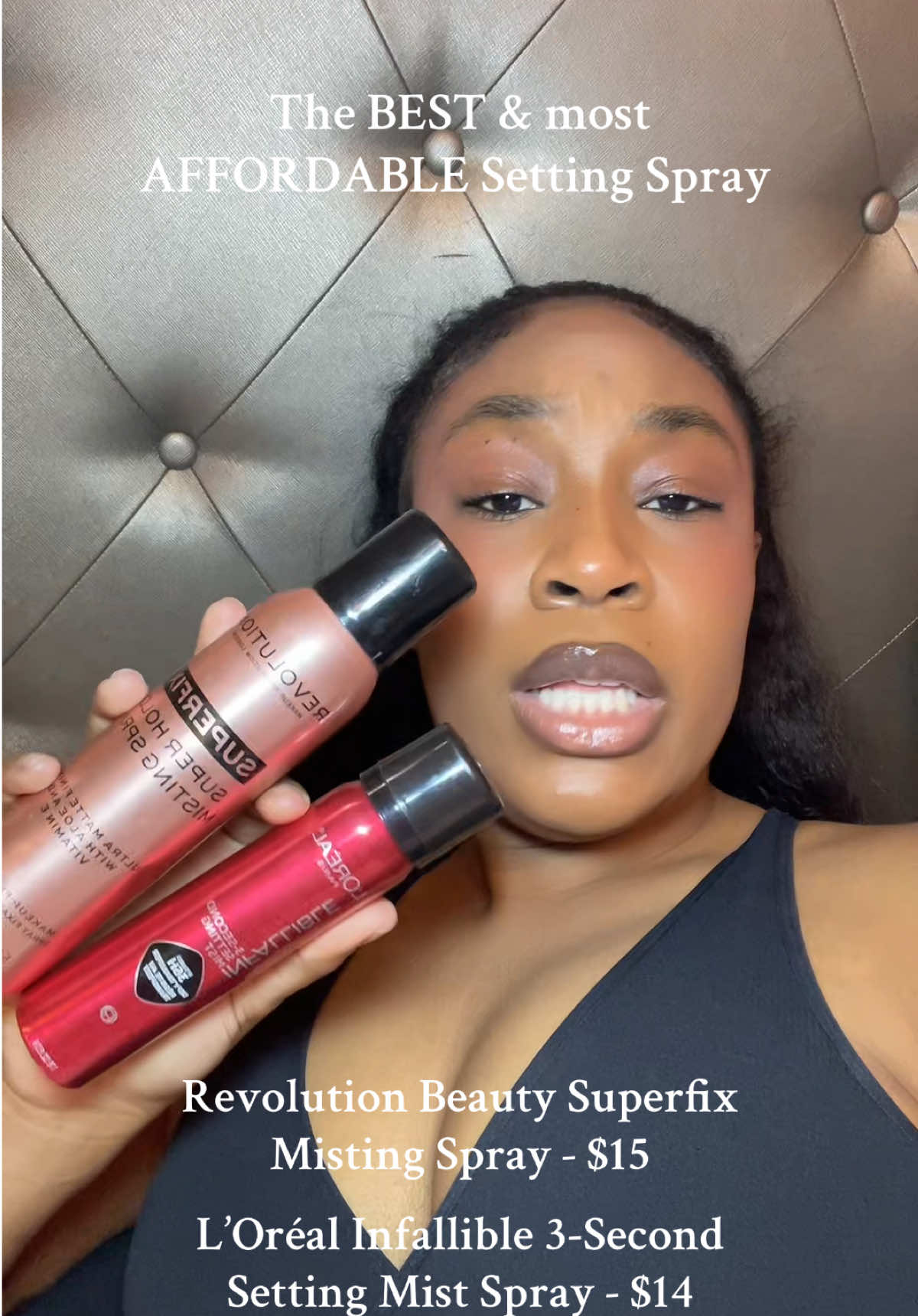 The best makeup setting sprays that will have your face set for hours! And they are super affordable!!  @Makeup Revolution - Superfix Misting Spray @loréal paris usa - Infallible 3 Second Setting Mist Spray #settingspray #makeup #affordablemakeup #beginnerfriendly #lorealsettingspray #revolutionbeauty 