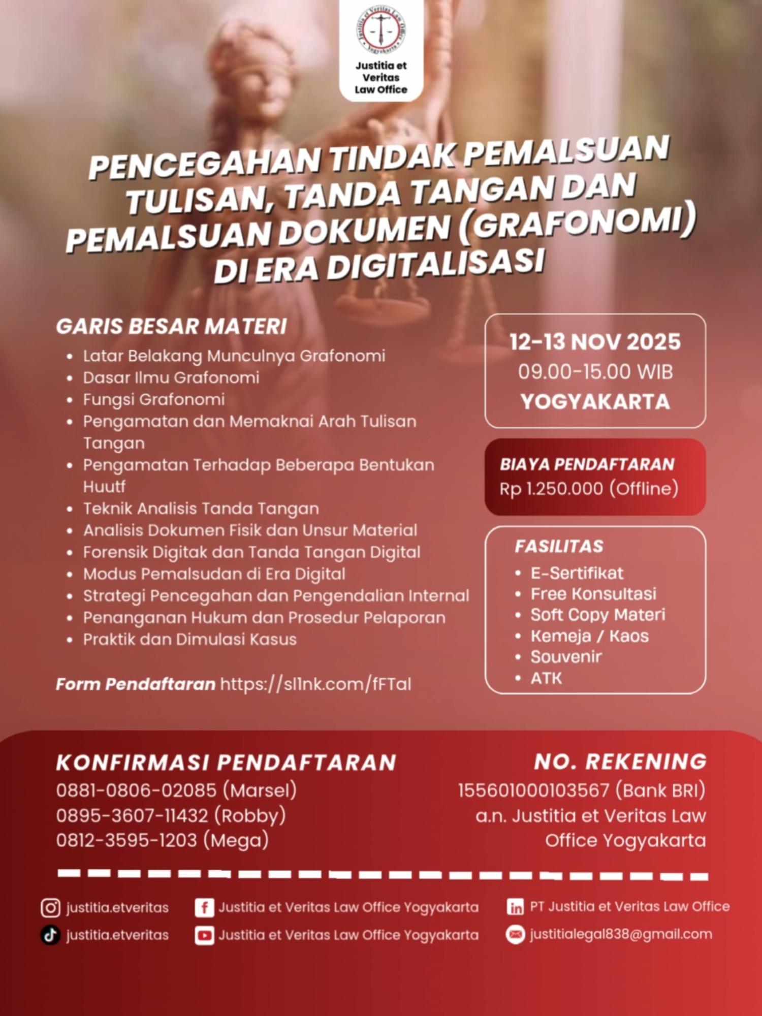 🎙️ “Tanda tangan bisa dipalsukan, tapi keahlianmu mendeteksinya nggak bisa!” 😎✍️ Belajar Grafonomi dan Forensik Digital langsung dari praktisi hukum profesional 💼 📍 Yogyakarta | 12–13 Nov 2025 💰 Rp 1.250.000 🎓 Sertifikat + Konsultasi + Souvenir 🔗 Daftar: https://sllnk.com/fFTaI #Grafonomi #ForensikDokumen #TandaTanganDigital #PelatihanHukum #JustitiaEtVeritas #AntiPemalsuan