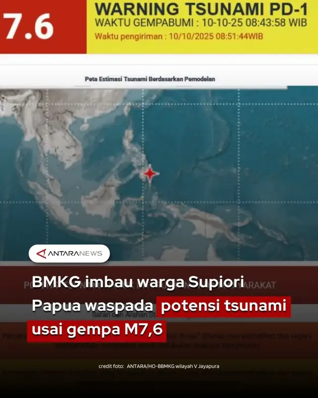 Badan Meteorologi, Klimatologi, dan Geofisika (BMKG) mengimbau masyarakat di Kabupaten Supiori, Papua, untuk tetap waspada menyusul terjadinya gempa bumi tektonik berkekuatan magnitudo 7,6 yang berpotensi menimbulkan tsunami pada Jumat (10/10). Kepala Stasiun Geofisika Jayapura, Herlambang Hudha, menjelaskan bahwa gempa terjadi pada pukul 08.43 WIB dengan pusat koordinat 7,34 Lintang Utara dan 126,87 Bujur Timur, sekitar 287 kilometer barat laut Pulau Karatung, Sulawesi Utara, dengan kedalaman 56 kilometer. Berdasarkan hasil pemodelan BMKG, gempa ini berpotensi memicu tsunami di beberapa wilayah, termasuk Papua bagian utara dan Supiori. Perkiraan waktu tiba gelombang tsunami di wilayah Papua diperkirakan sekitar pukul 12.26 WIT. BMKG pun mengeluarkan peringatan dini tsunami untuk wilayah Papua dan Sulawesi Utara, serta meminta masyarakat pesisir menjauhi pantai dan tepian sungai. Pemerintah daerah juga diminta menggerakkan warga menuju tempat yang lebih aman dan tinggi guna menghindari risiko bahaya. “Kami mengimbau masyarakat tetap tenang, tidak mudah percaya pada informasi yang belum jelas sumbernya, dan terus mengikuti perkembangan resmi dari BMKG. Kami akan terus memantau aktivitas gempa susulan dan memperbarui informasi secara berkala,” ujar Herlambang. #BMKG #GempaPapua #tsunami #Supiori #bencanaalam 