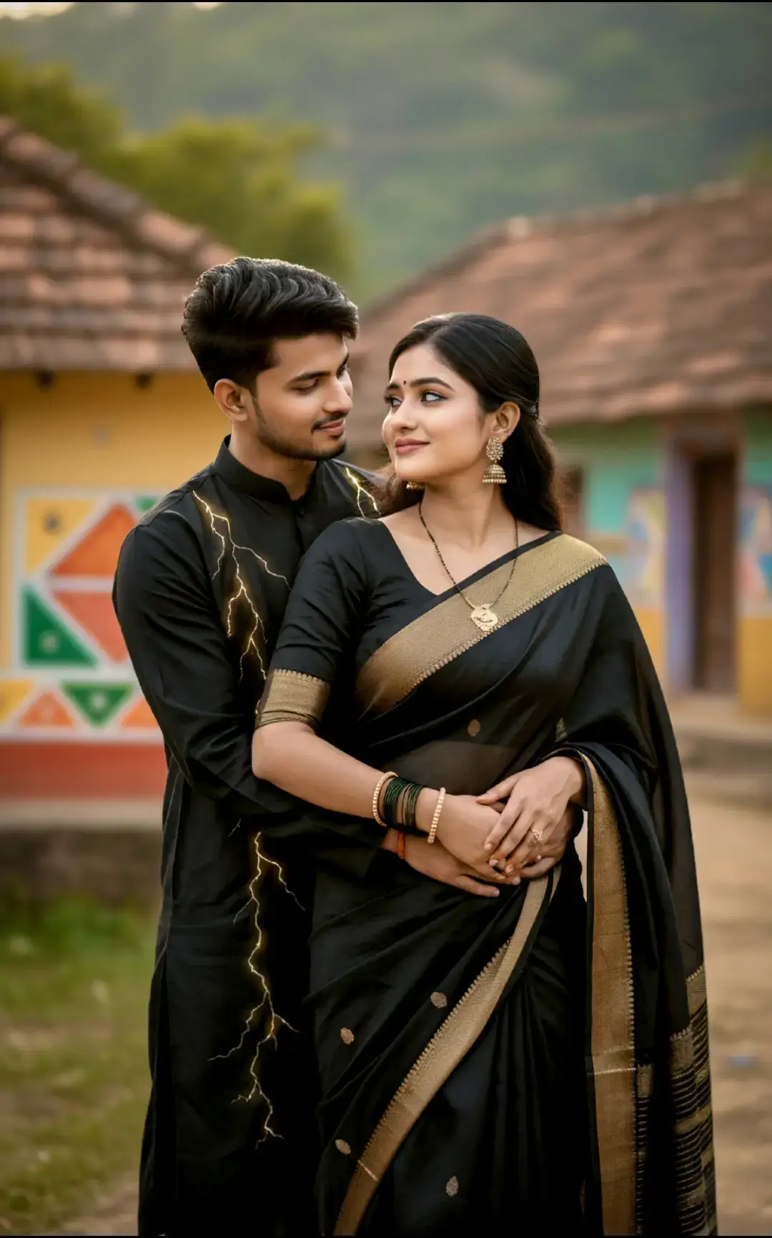 > Ultra-realistic cinematic romantic photo of a young Indian couple where the man is gently hugging the woman from behind. The man is wearing a black lighting-effect kurta, looking lovingly at the woman. The woman is wearing a beautiful black saree with a golden border, smiling softly. Both faces should be replaced with the provided faces (face replacement). The background shows a blurred Maithili cultural setting — traditional houses, colorful wall art, and rural ambience — with soft natural cinematic lighting and a warm romantic atmosphere that highlights their closeness and emotions. #maithilicouple #Aiprompt #prompt #gemini #chatgpt 