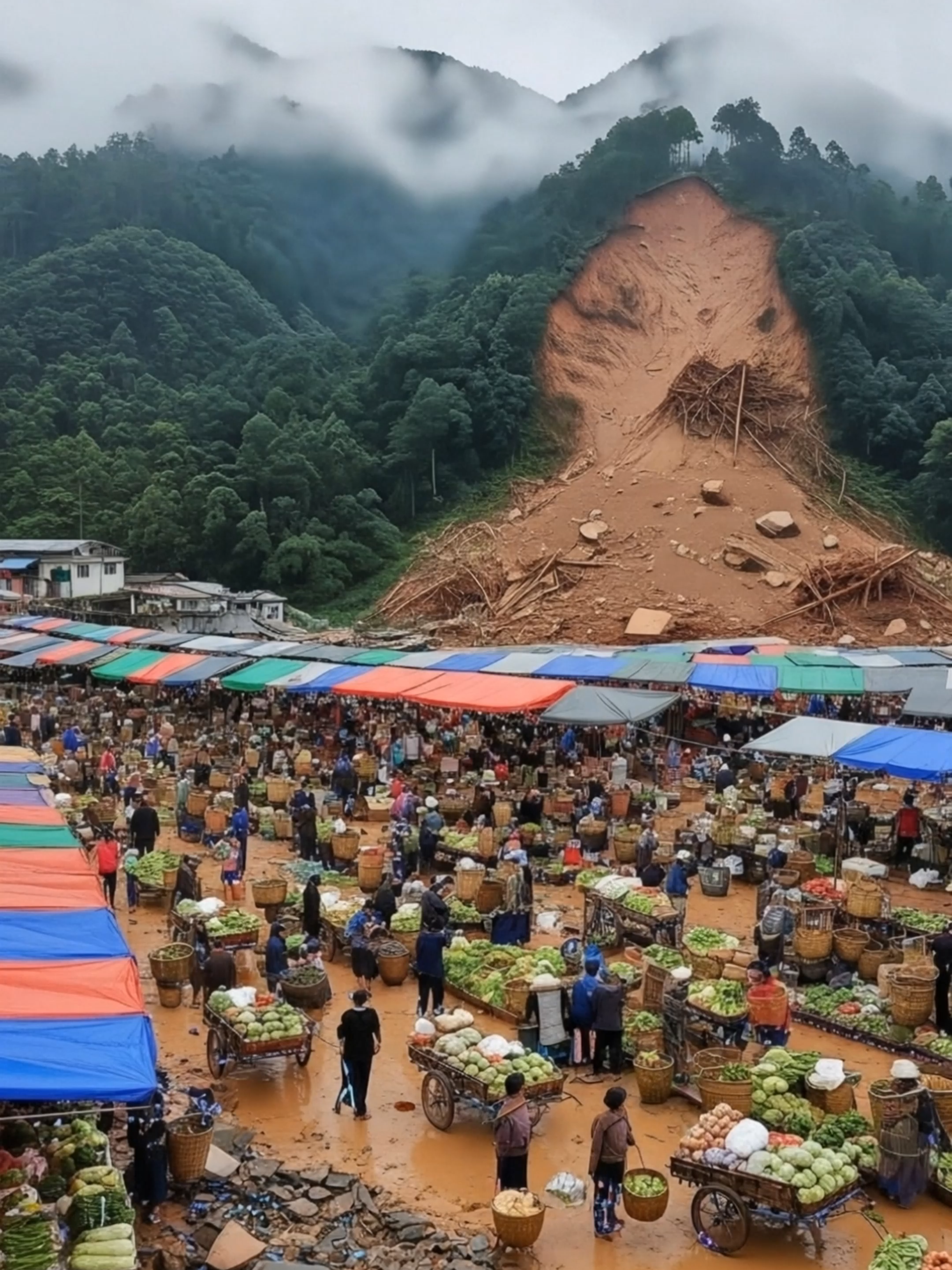 惊心动魄！泥石流席卷集市，所有摊位瞬间被掩埋 Heart-Stopping Moment! Mudslide Engulfs Market, Stalls Buried Instantly #landslide #mudslide #disaster #market #viral #shock #nature #breaking #rescue #extreme