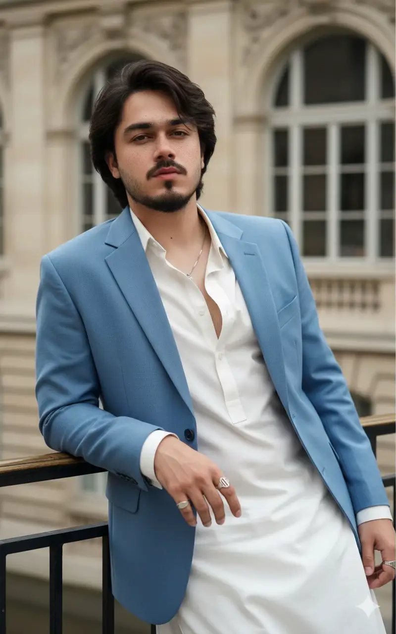 A high-quality, stylish young man (face 100% identical to the reference image, no changes in features or identity) wearing a white Shalwar Kameez with the buttons open, paired with a sky-blue blazer silver chain and rings adding an edgy, fashionable. touch tousled hair, sharp gaze leaning casually on a black railing in front of a classic European-style building high-fashion editorial vibe, daylight, soft contrast, confident and modern aesthetic. The look perfectly blends traditional elegance with contemporary style, keeping all accessories and the sophisticated aura intact.#creatorsearchinsights #gemini #aigenerated #prompt #foryoupage 